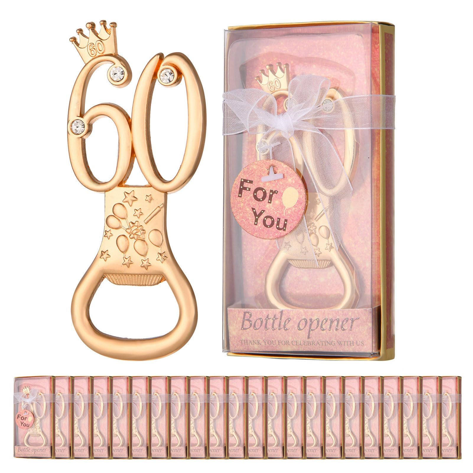 DRYEN 24 apribottiglie per 60° compleanno per bomboniere per 60° compleanno, apribottiglie dorato con confezione regalo