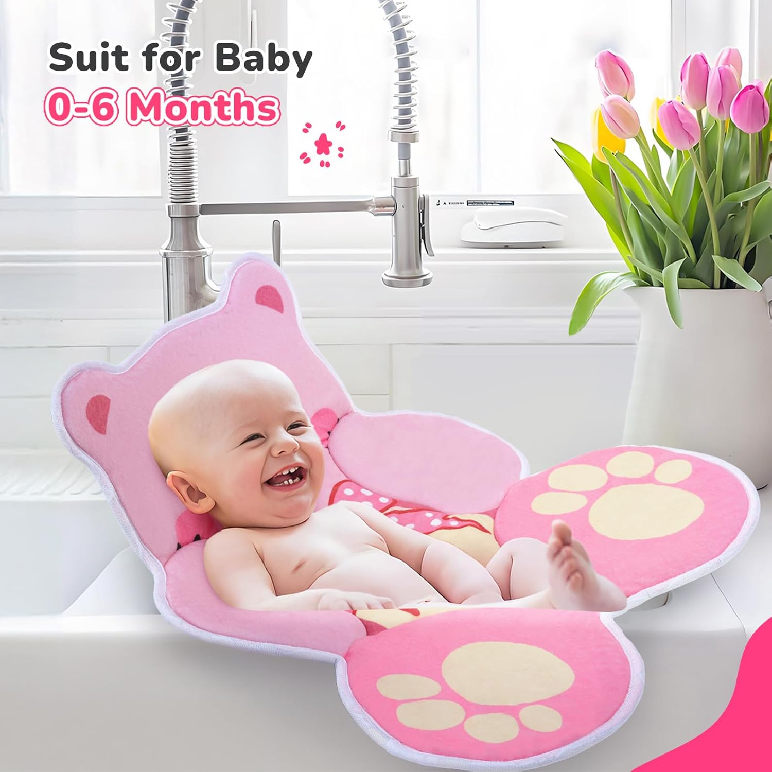 Premium Bear-Shaped Baby Bath Pad - The Original Washer-Safe Seat, Pediatrician-Recommended for Newborns to 6M+, Ultra-Soft Non-Slip Mat, Pink