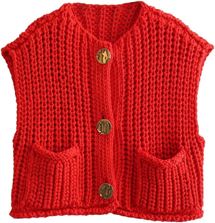Women Button Down Oversized Cropped Knitted Sweater Vest Sleeveless Casual Open Front Chunky Knit Top with Pocket