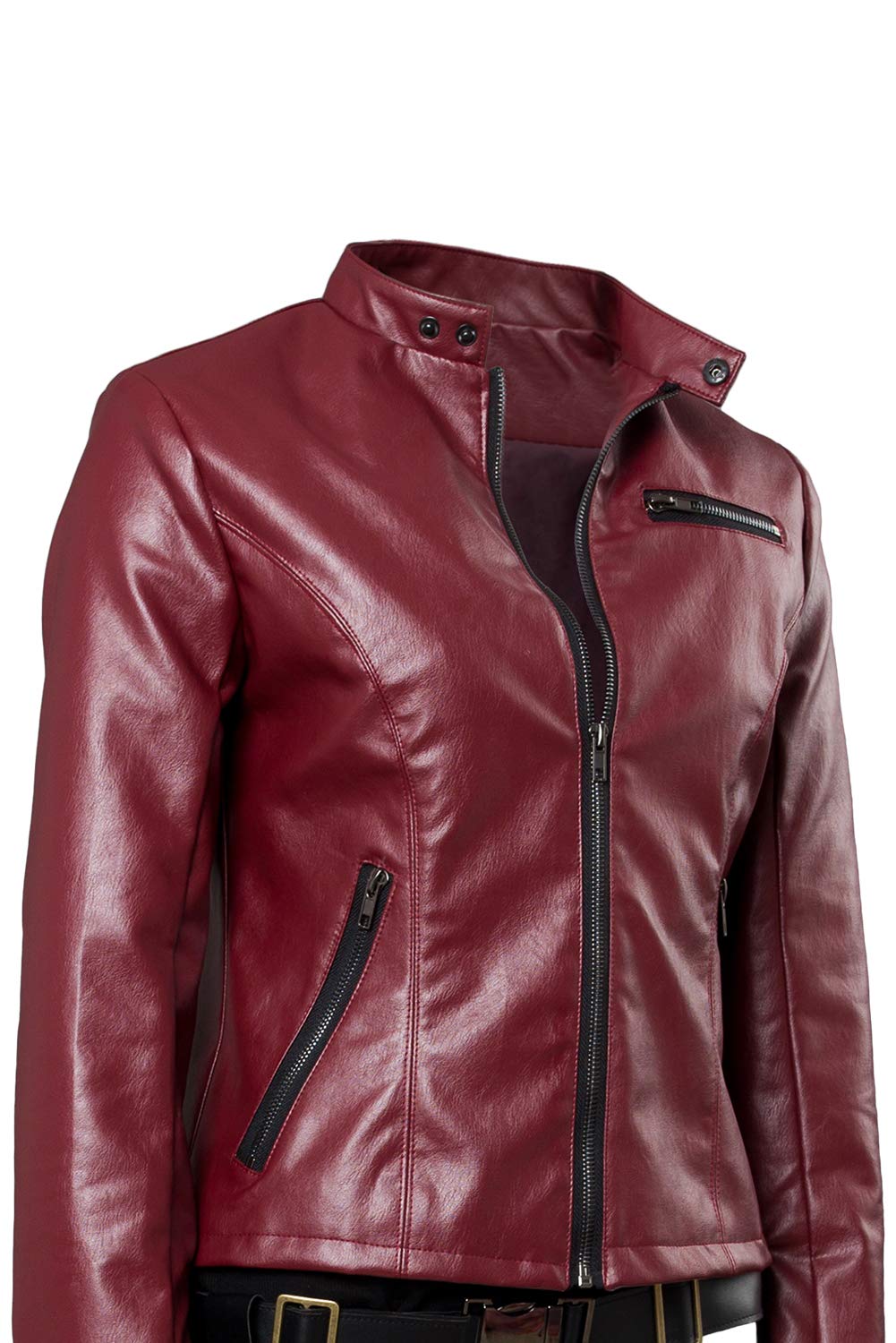 Claire Veste de cosplay pour femme en cuir synthétique rouge avec ceinture Holster Veste de motard Jeu RE Halloween Carnaval Costume