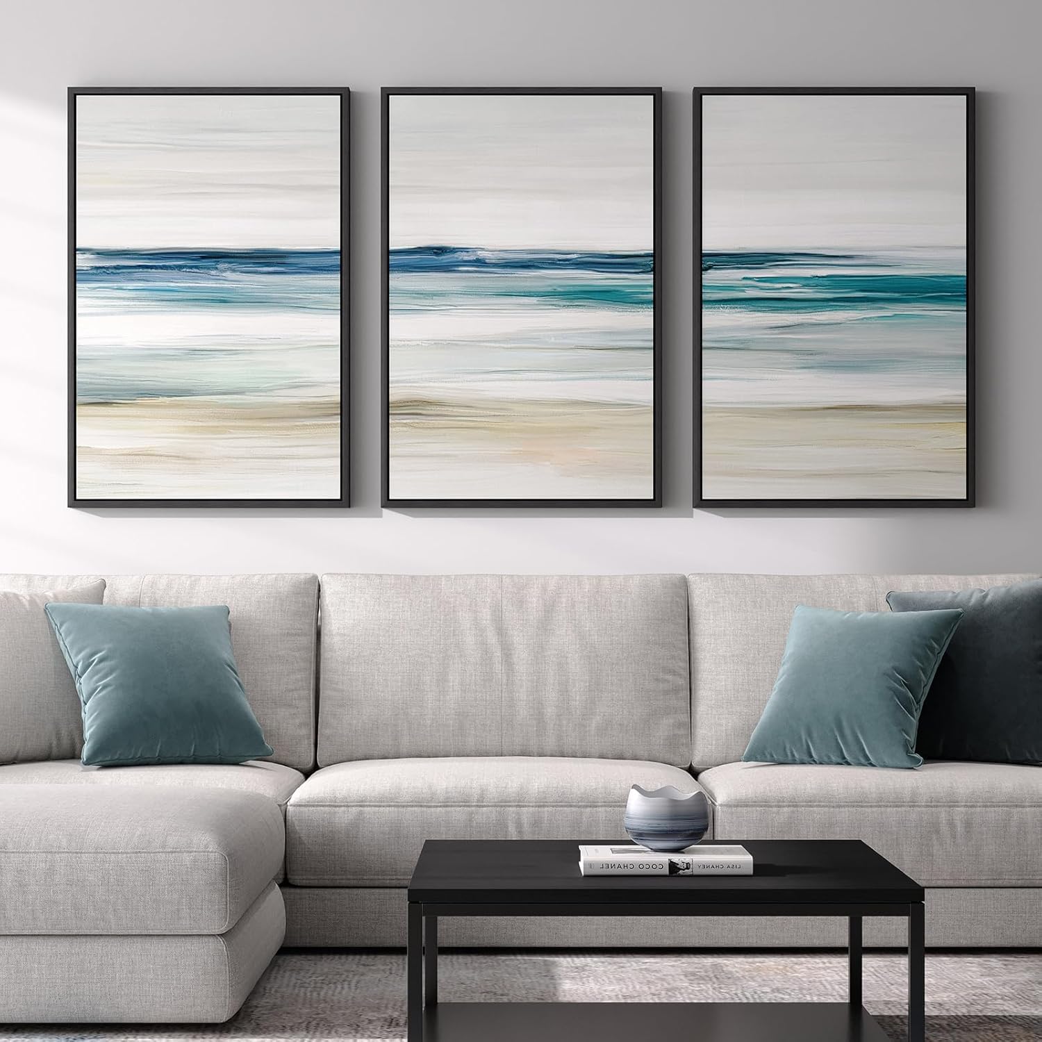 lianyibo Abstract Coastal Wall Art Large Blue Coastal Landscape Decor Minimalistyczny Beach Ocean Canvas Prints for Living Room (80 x 120 cm x 3/bezramowy)