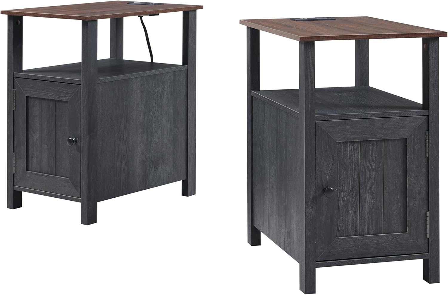 Nightstand with Charging Station, Farmhouse End Table Set of 2, Rustic Sofa Side Table with Groove Barn Door & Open Shelves, Wood Bedside Table w/Storage Space for Bedroom, Living Room (Brown)