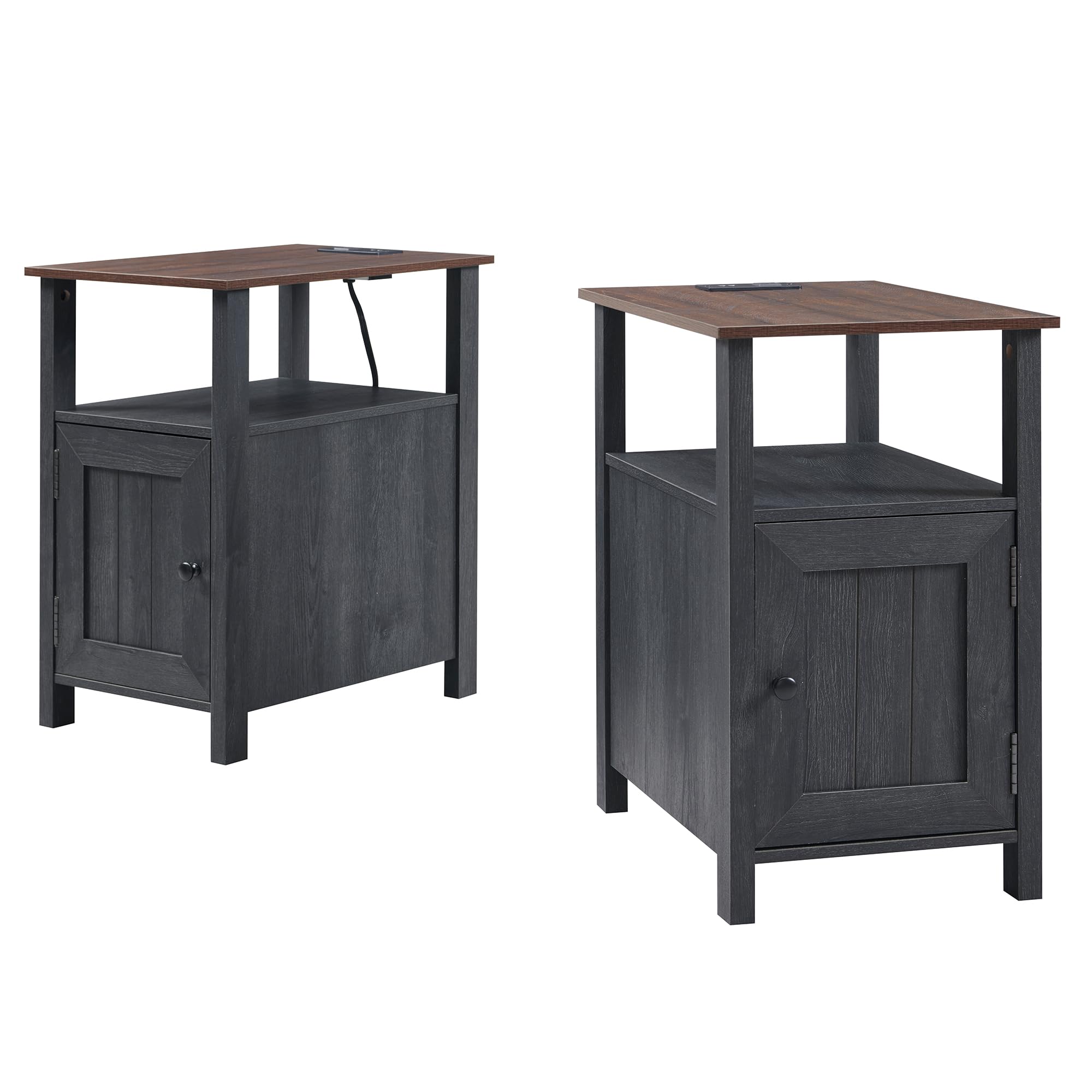 Nightstand with Charging Station, Farmhouse End Table Set of 2, Rustic Sofa Side Table with Groove Barn Door & Open Shelves, Wood Bedside Table w/Storage Space for Bedroom, Living Room Dark Grey