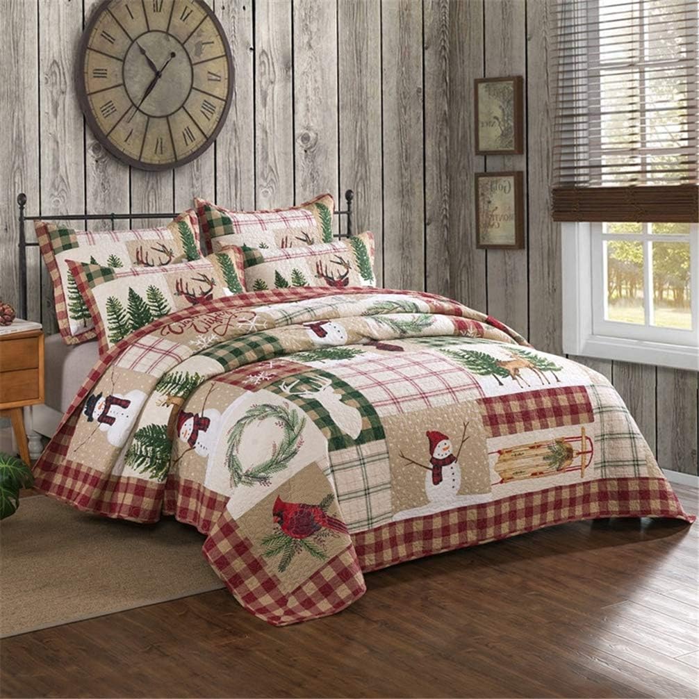 ADGAIChristmas Quilted Bedspread 230 x 240 cm Snowman Forest Reversible King Size Quilt Blanket and Throws Coverlet Bedding Sets 3 Piece