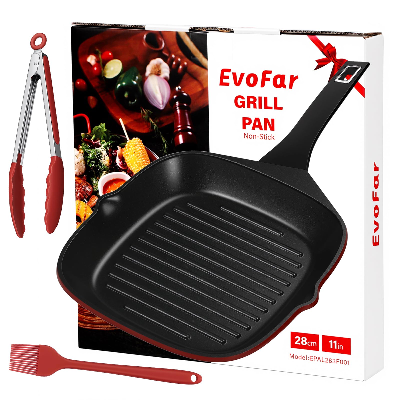 EvoFar Grillpfanne 28 x 28 cm mit Ausguss, Steakpfanne quadratisch gerillt Antihaftbeschichtetes Aluminium, Grill Pfanne induktion für alle Herdarten