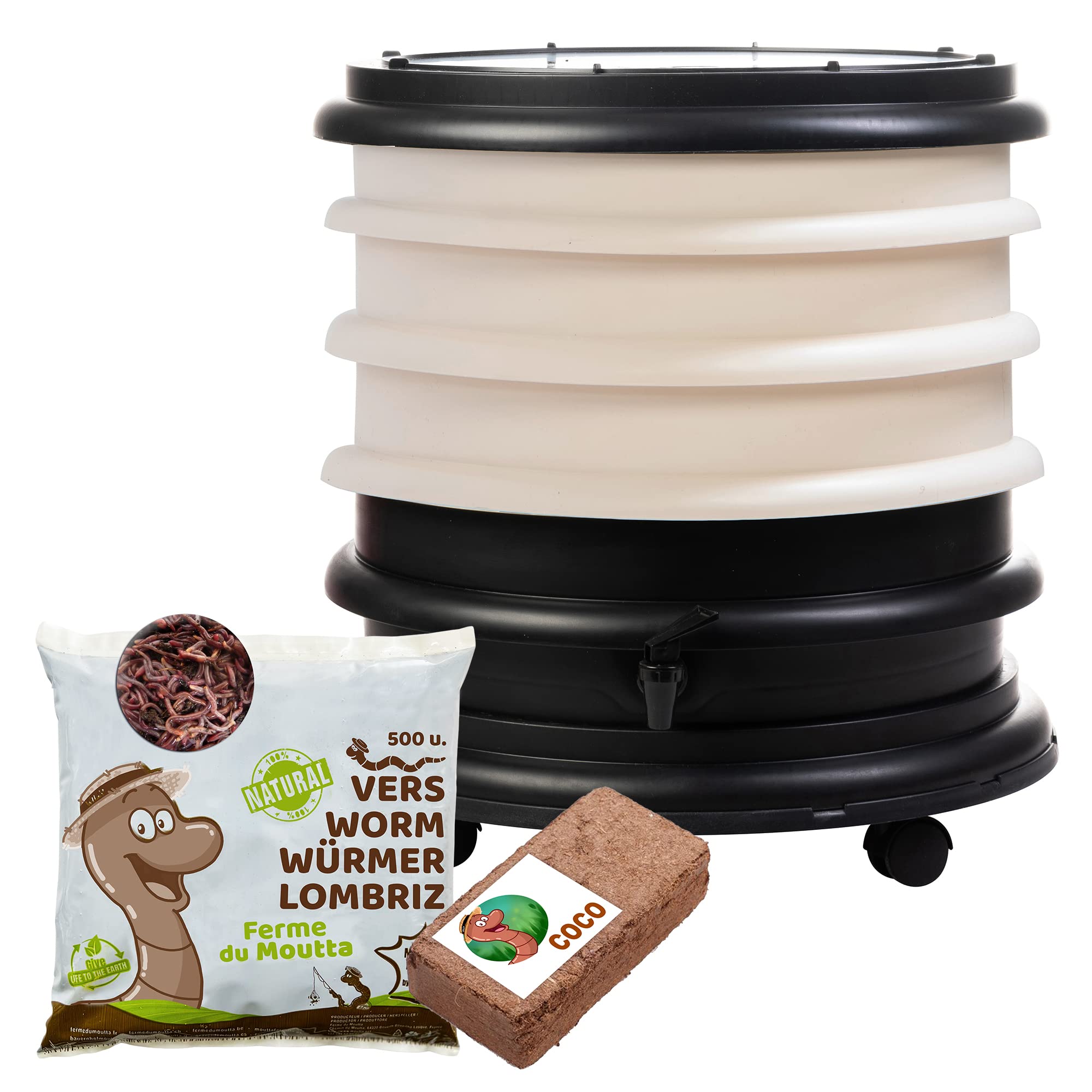 WORMbox | Wormery Worm Farm composter 3 Ivory Trays + 250gr of Compost Worms / 500 ctn + 1 Coco | 48 liters | Organic Waste Compost, make your Worm Castings