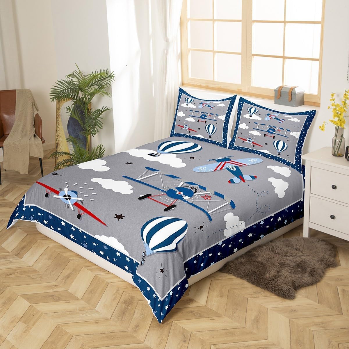 Kids Cartoon Airplane Duvet Cover Double Size,Navy Stripes Hot Air Balloon Aircraft Comforter Cover for Adults Kids Bedroom Decor,Cloud Starry Moon Chic Grey Bedding Set 2 Pillowcases,No Comforter - Image 2
