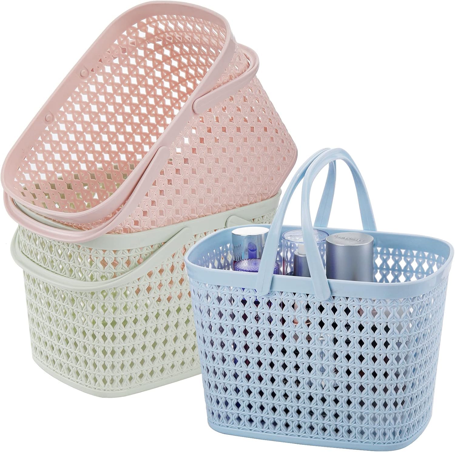 Shower Caddy Basket, Portable Plastic Storage Tote with Handle for Bathroom Kitchen Dorm, Multi Compartments Organizer for Toiletries Cleaning Supplies Easter Use, 3 Pack Pink Blue Green