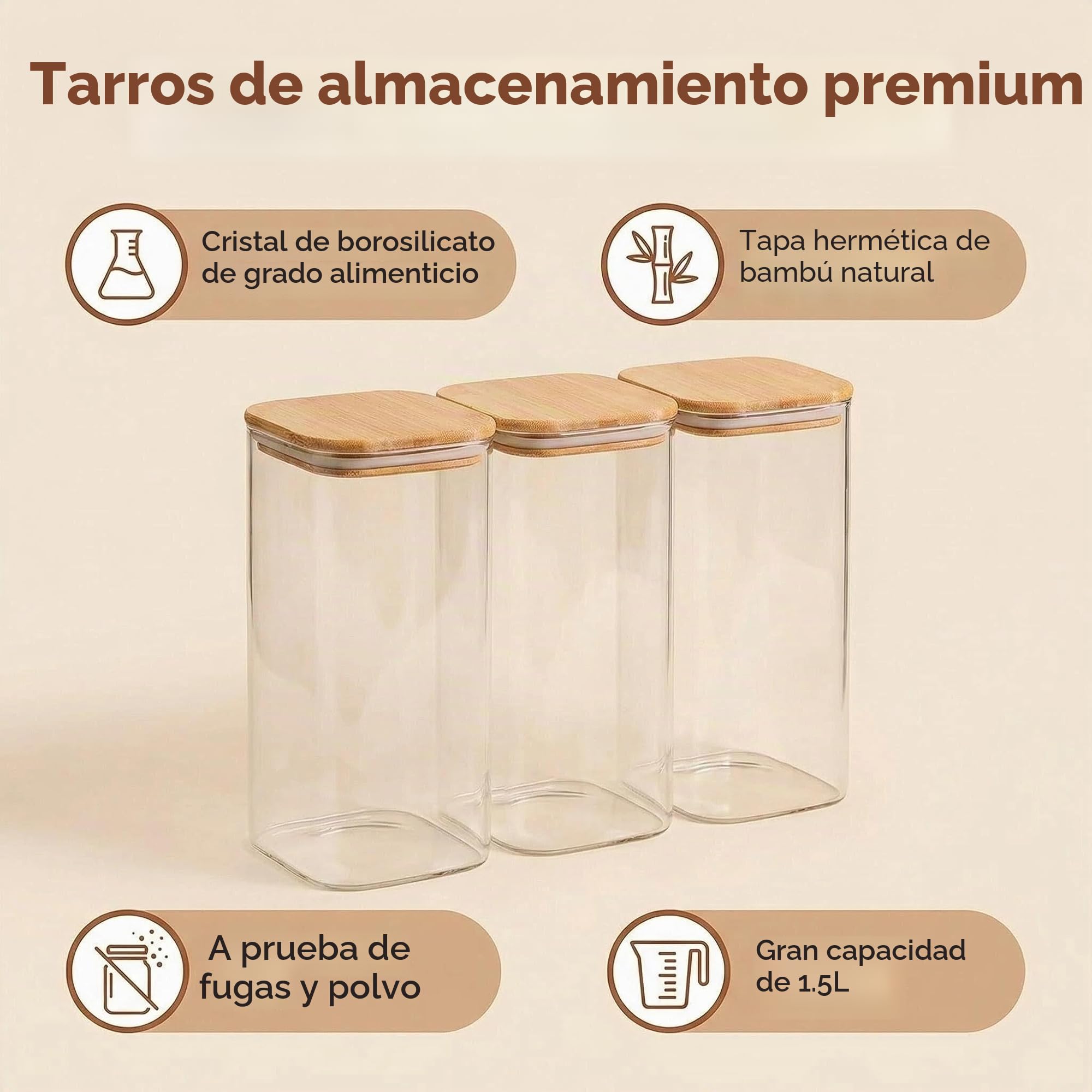 Tarros De Bote Cristal Con Tapa, 3 Pcs 1500ml Tarros de Vidrio Cocina Almacenaje con 4 pegatinas, Aptos para Lavavajillas, Botes Hermeticos Cristal para Especias, Té, Cereales, Nuez, Harina