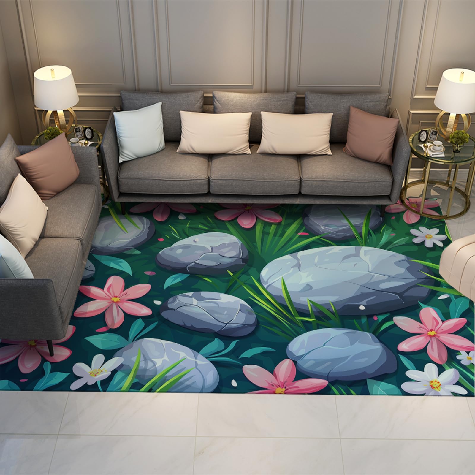 Tapis moderne de bande dessinée au design soigné paysage d'été vert et belles fleurs