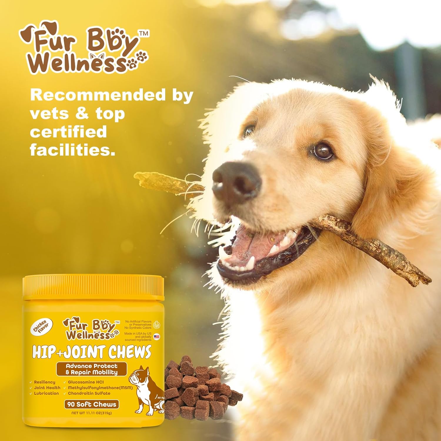 Vet-Strength Hip & Joint Support for Dogs – Fast-Acting Relief for Arthritis, Stiffness & Inflammation – Advanced Mobility, Cartilage, Bone & Muscle Support – Tasty Chicken Soft Chews (90 Count)