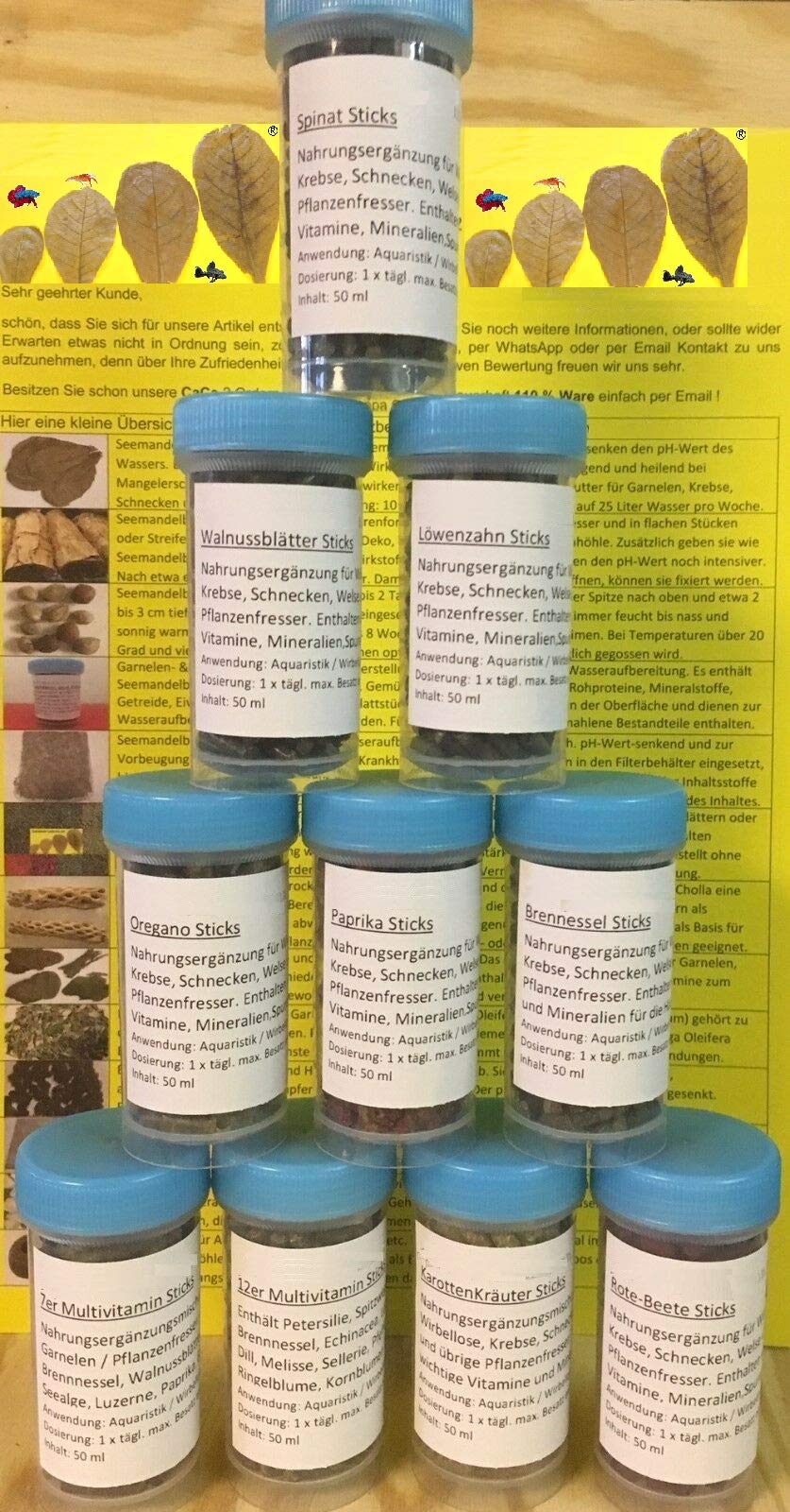 Shrimp, fish food sticks, 100 ml, in a practical screw box (nettle, carrot, spinach, beetroot, dandelion, oregano, paprika, walnut, 7 series and 12 series multivitamin)