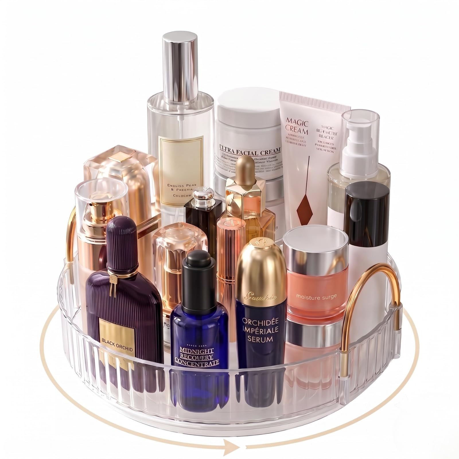 360° Rotating Large Makeup Organiser, Space Saving Dressing Table Perfume Skincare Storage, Multi-purpose Vanity Cosmetics Tray with Gold Handles, Clear Beauty Perfume Holder for Bedroom & Bathroom
