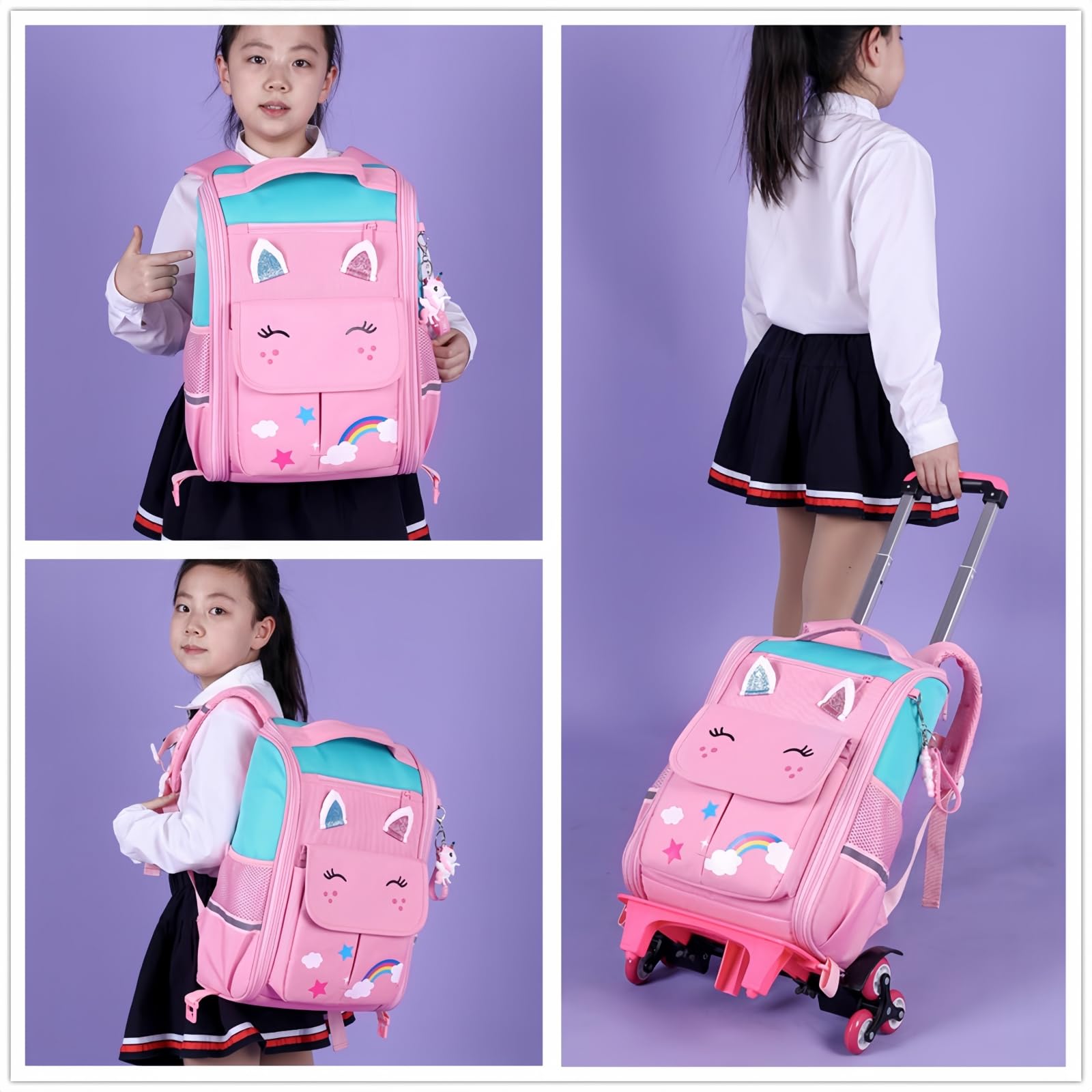 Mochila con Ruedas para Niñas, Mochila Escolar Trolley Desmontable Moderna para Alumnas de Primaria