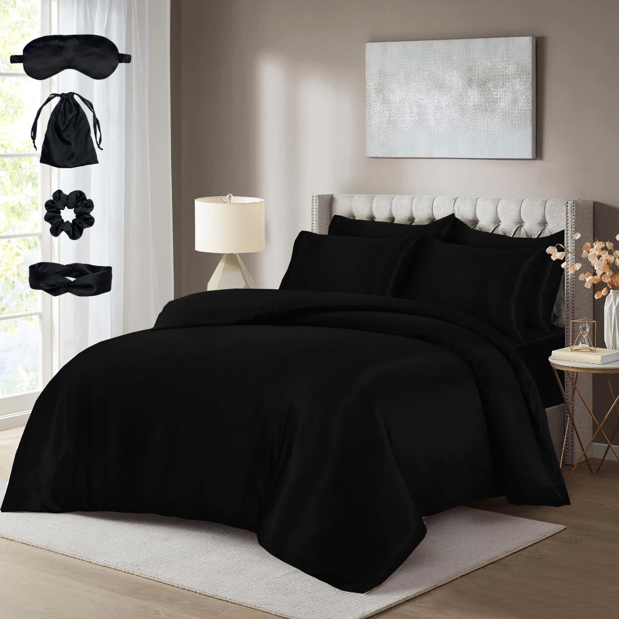 Luxury 10 PCS Satin Complete Bedding Set with Duvet Cover, Fitted Sheet, Pillowcases & Matching with Eye Mask, Hair Band, Hair Cap & Pouch | Single Double King Super King (BLACK, SUPER KING)