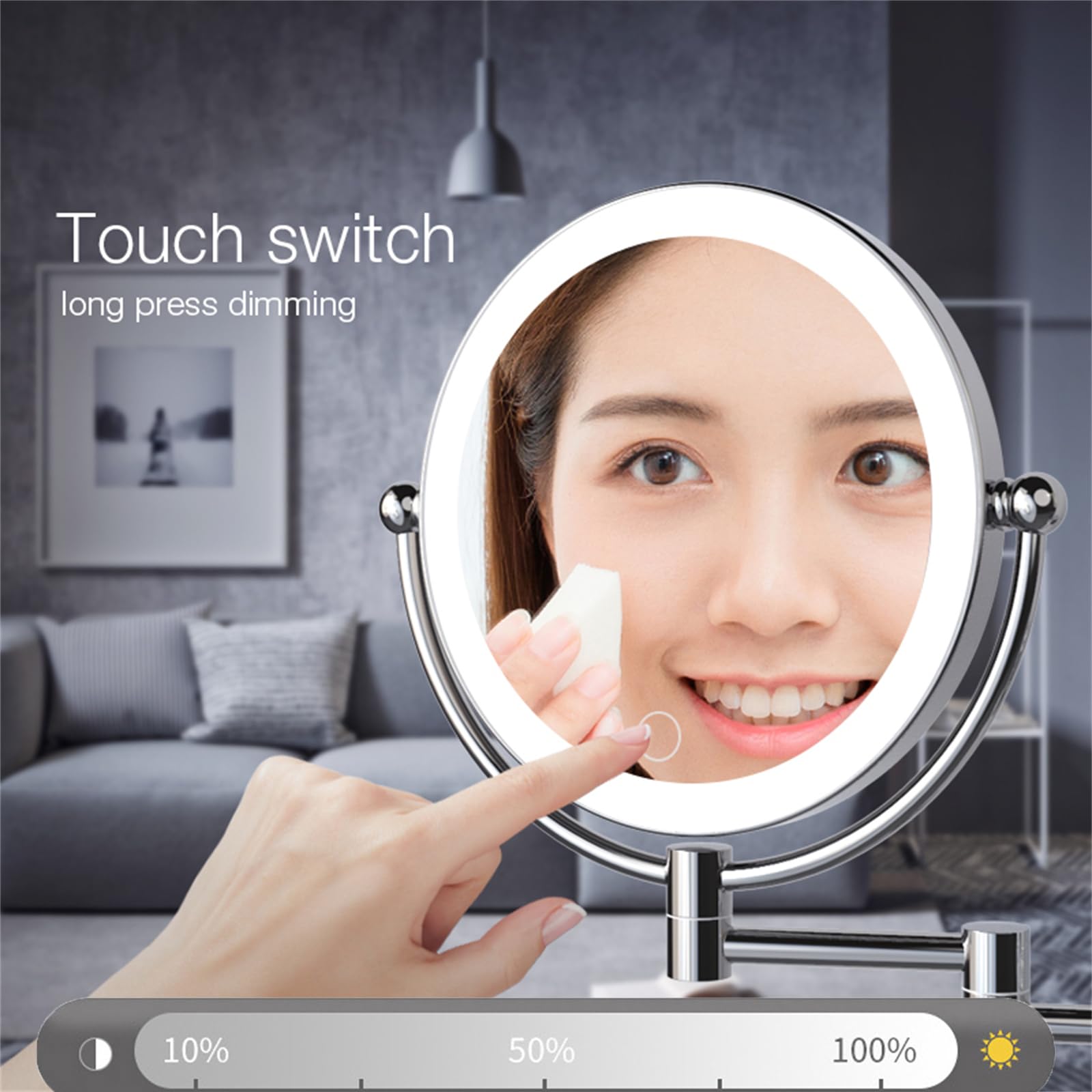 Make-up-Spiegel, 20,3 cm, Messing, Chrom, Wandmontage, wiederaufladbar, 2-seitige LED mit Touchscreen-Dimmung und 3 Farbeinstellungen, 1 x 10 x Magnifin, ideal für Badezimmer und Rasur