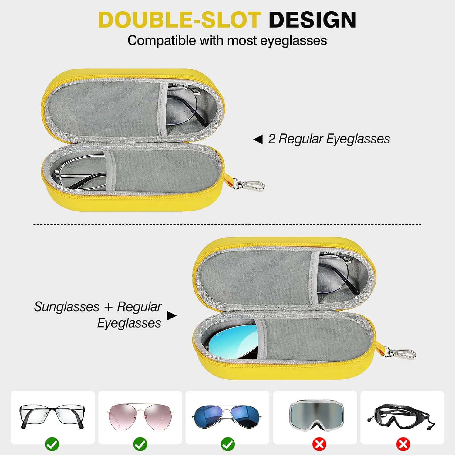 MoKo Double Eyeglass Case, Hard Shell Dual Glasses Case, Travel Sunglass Organizer with Zipper, Eyeglasses Storage Box