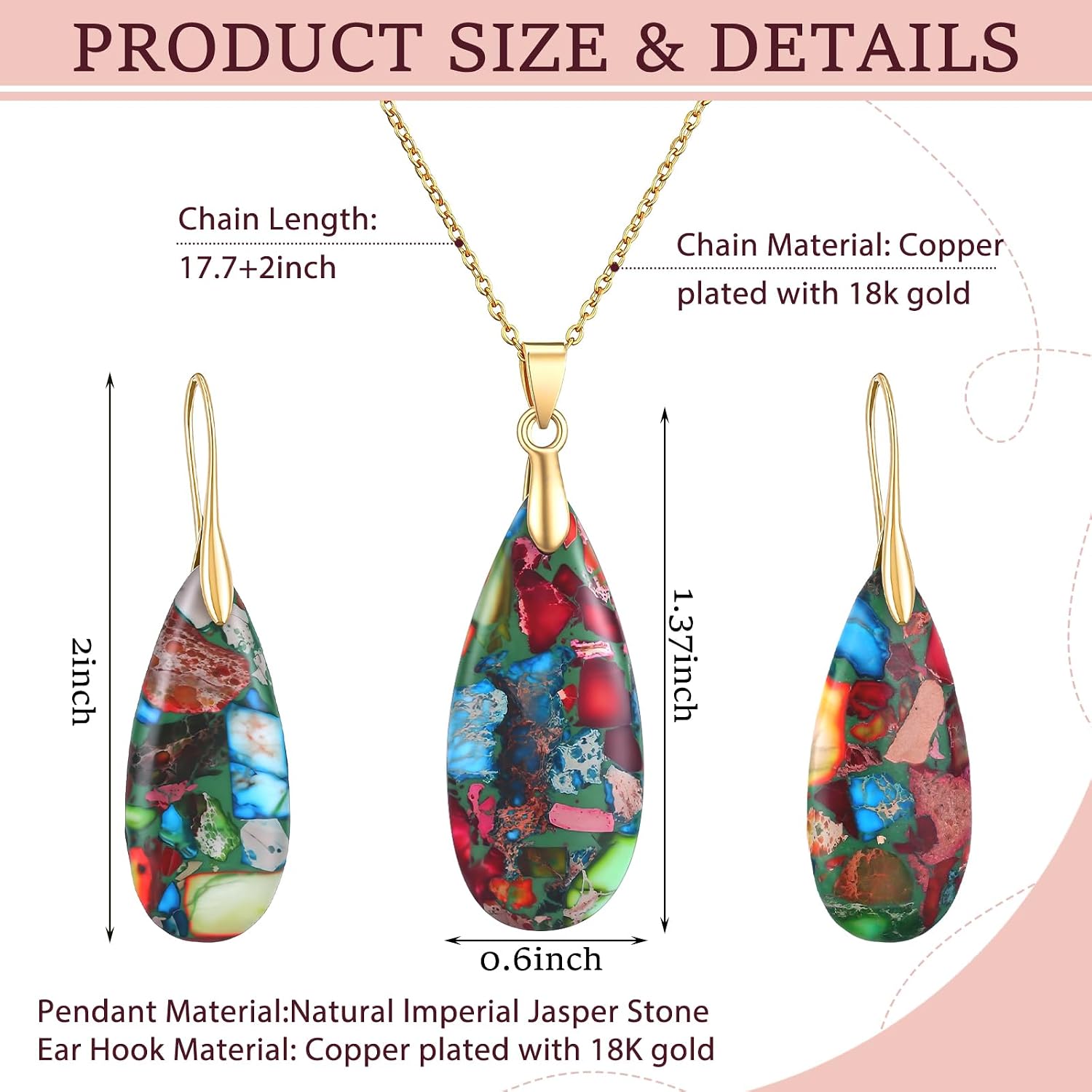 Kingdder Natural Stone Jewelry Set for Women Imperial Healing Stone Necklace Colorful Teardrop Dangle Earings Boho Jewelry
