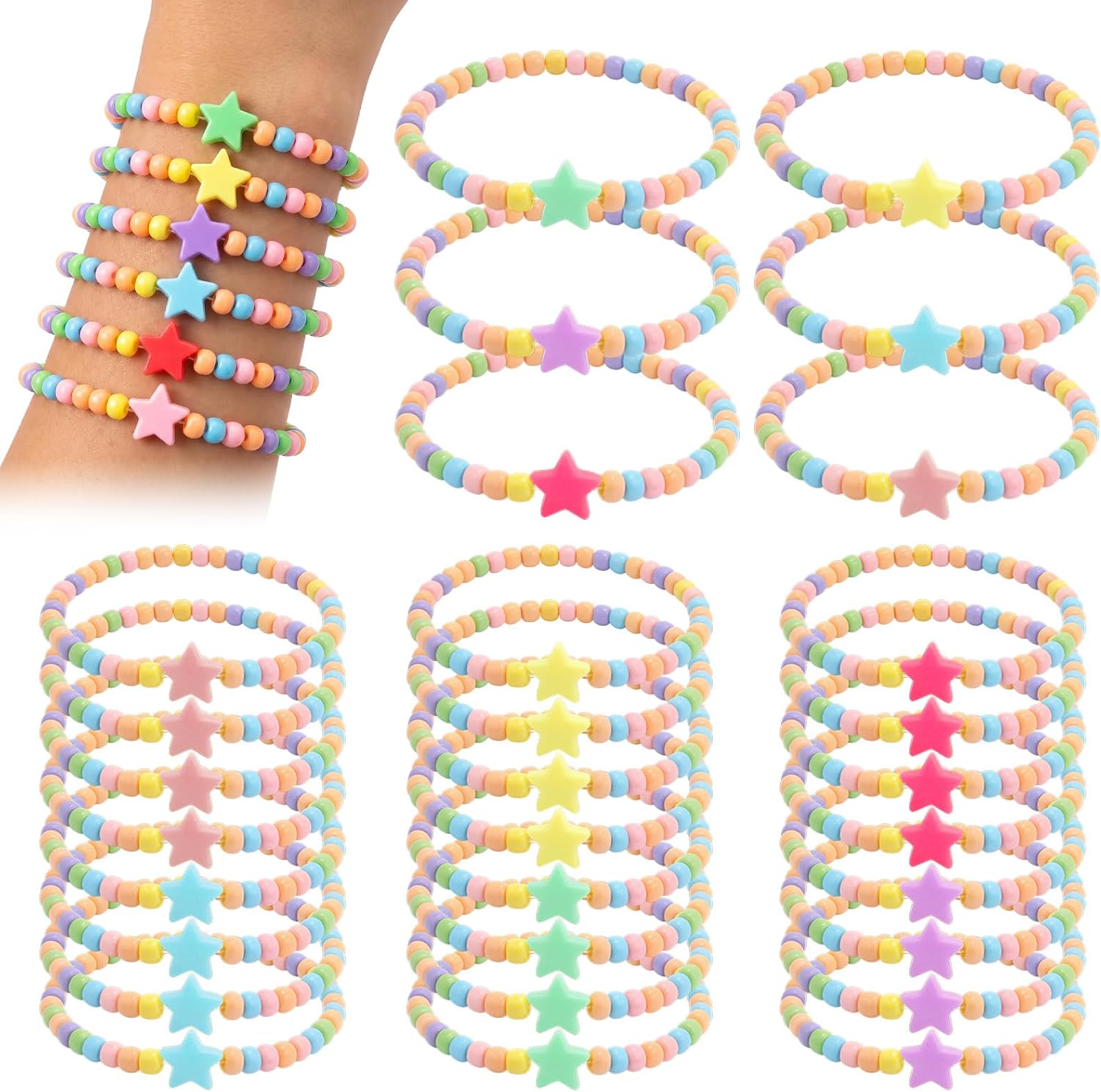 Kenning Summer Star Bracelets Party Favor Bulk Candy Beaded Friendship Bracelets with Blessing Cards Stackable Macaron Wristbands for Birthday Students Classroom Graduation End of Year Gift