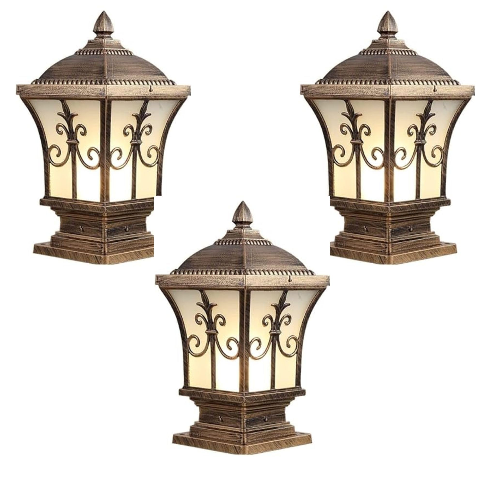 GreyWings Copper Antique Aluminium Gate Light for Pillar & Outdoor, Vintage PVC Glass Lantern, (Bulb is not Included), Decorative Outdoor Lamp, Pack of 3