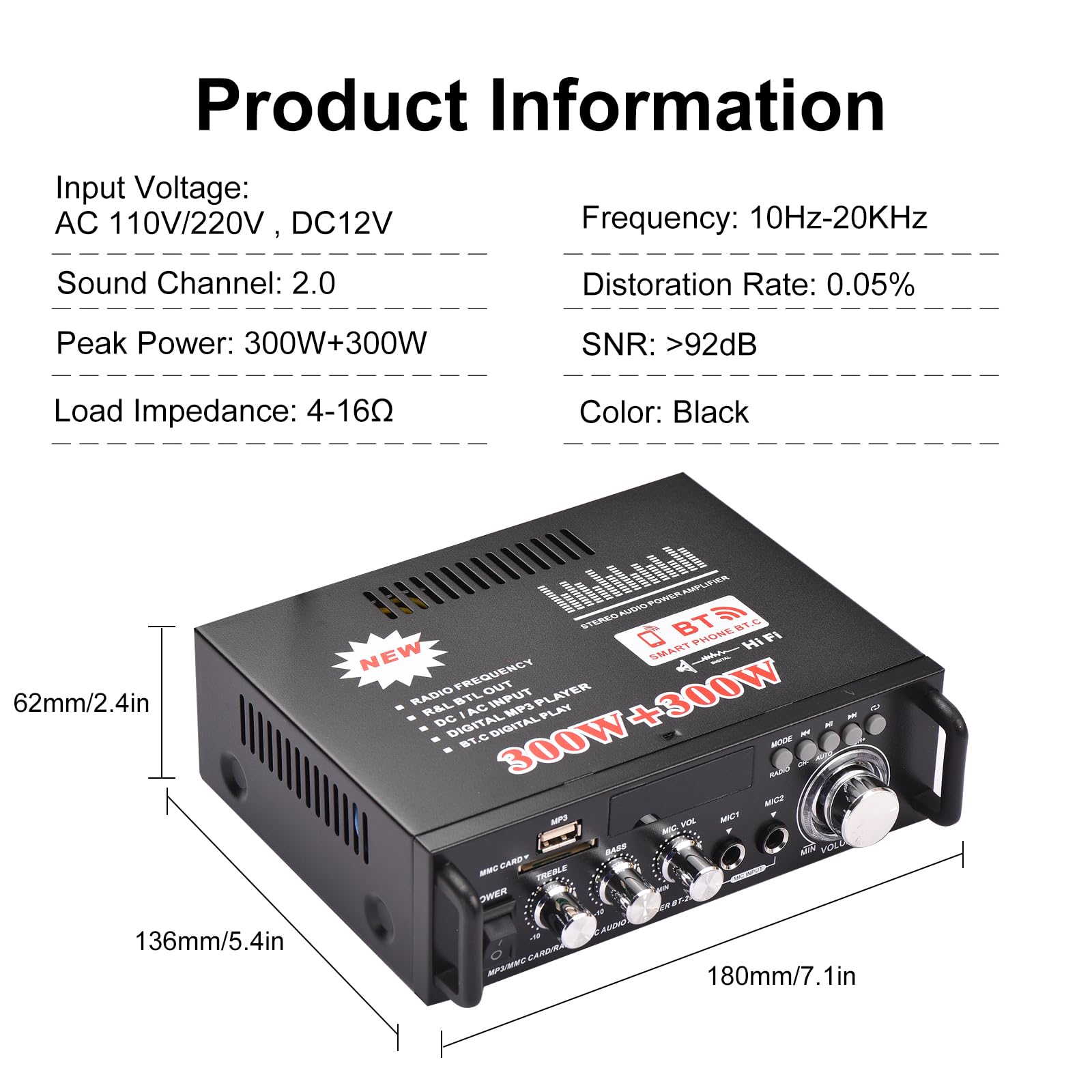 Docooler 600W Amplificatore Audio,HiFi Audio Stereo Bluetooth Radio Portatile per Auto o Casa, con Telecomando ed Mini Display 2CH LCD, 12 V / 220 V