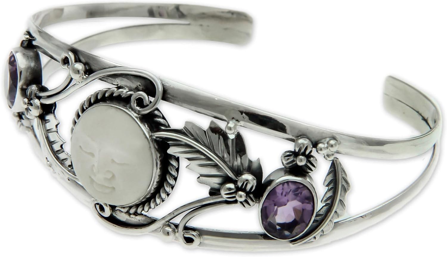 NOVICA Handmade Amethyst Cuff Bracelet Sterling .925 Sterling Silver Bone Purple Indonesia Leaf Tree Birthstone Moon 'Night Goddess'