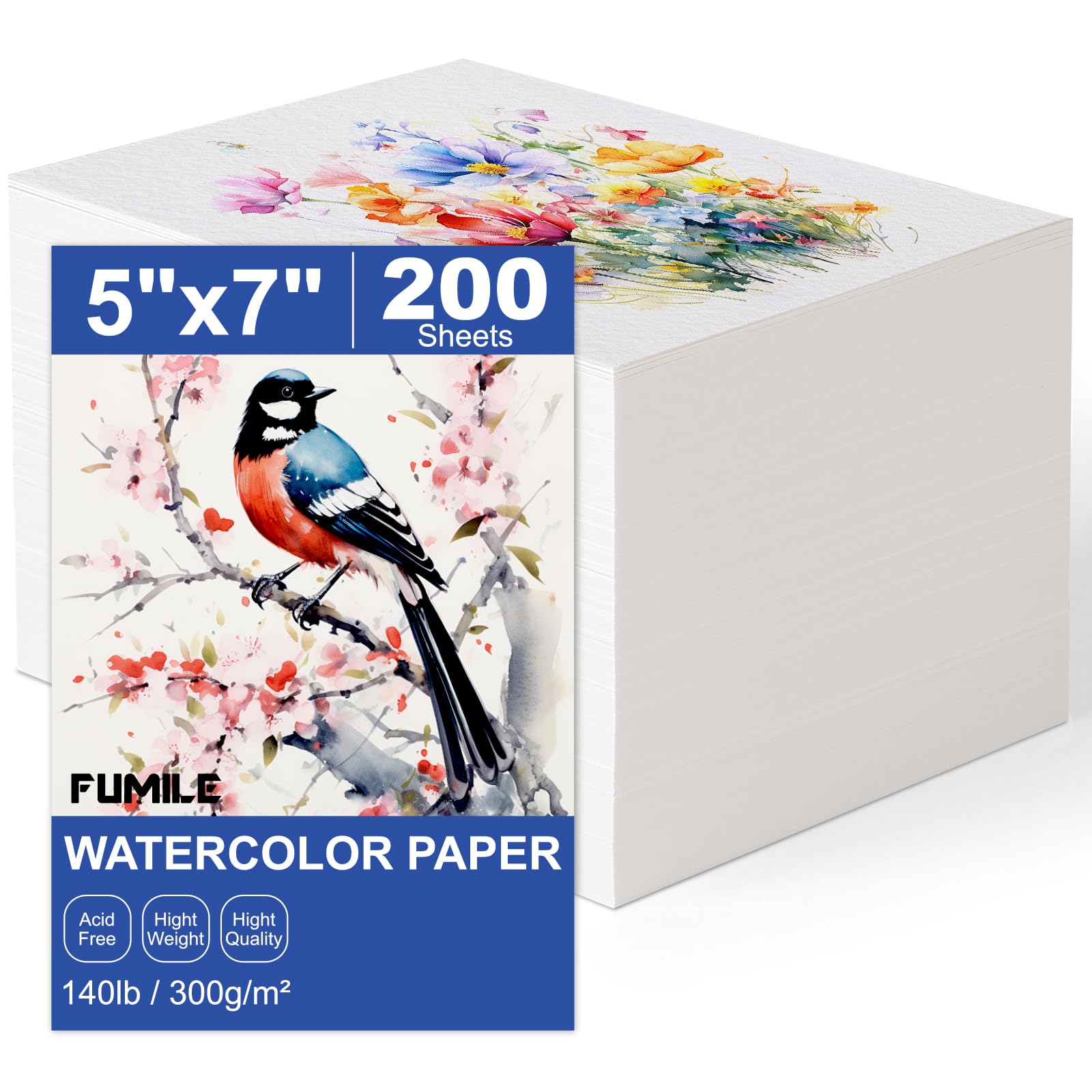200 sheets 5x7 inch watercolor paper bulk, 140lb /300gsm white cold press water color paper for kids adults artists. thick cotton bulk watercolor papers for art supplies