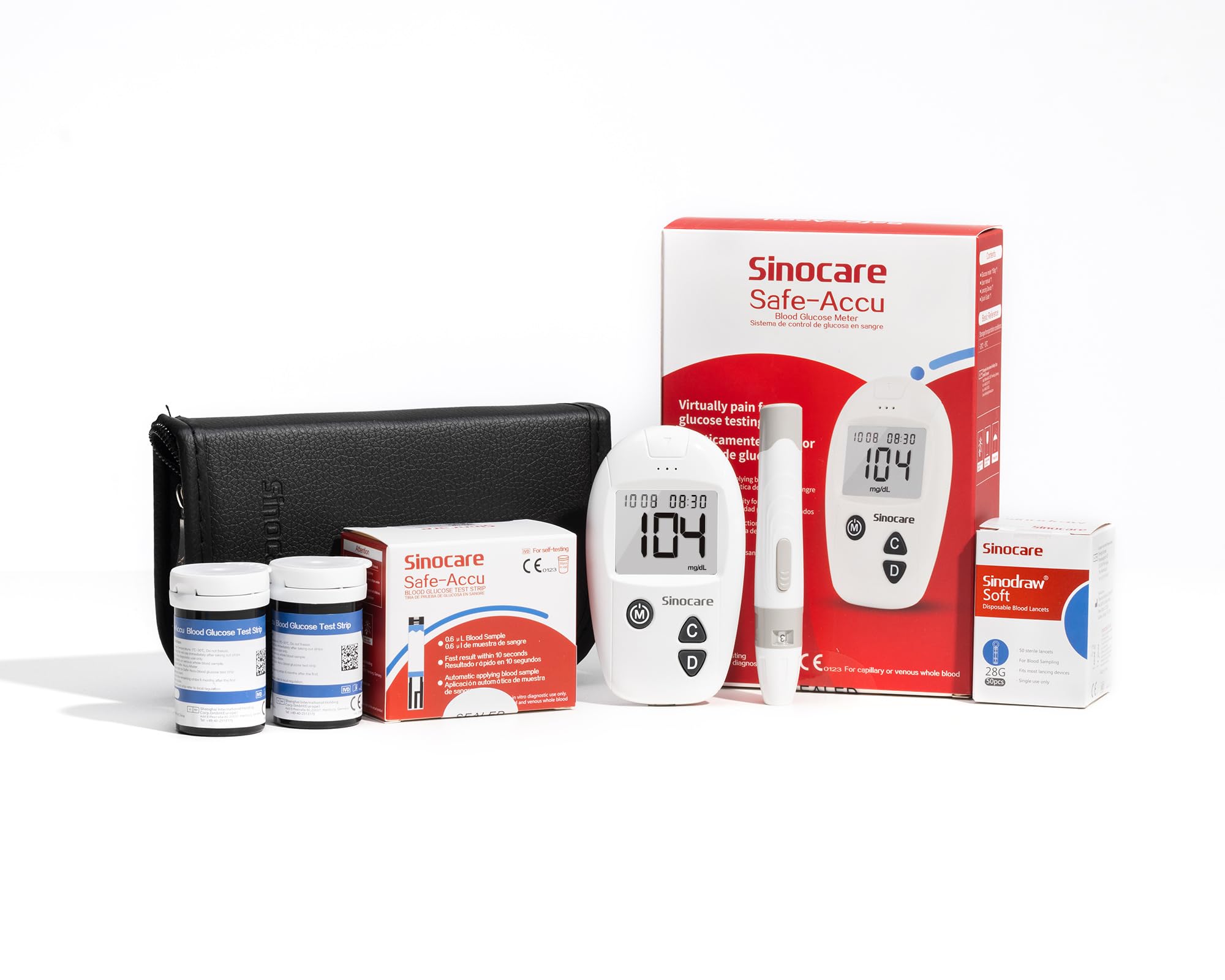 sinocare Safe-Accu Diabetes Test Kit, Blood Glucose Monitor, with 50 Test Strips and 50 Lancing Devices and Case in mg/dL