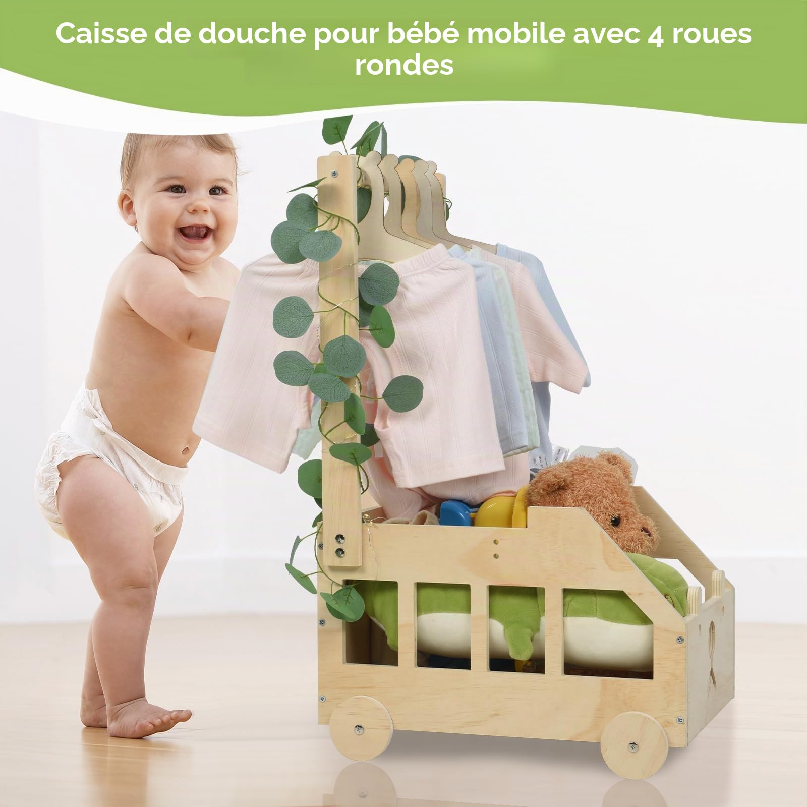 OTraki Panier Rangement Bébé avec Roulettes, Panier de Douche Bois pour Bébé avec Feuilles Décoratives 5 Cintres En Bois Caisse de Rangement pour Fête Prénatale pour Grossesse, Nouveaux Parents