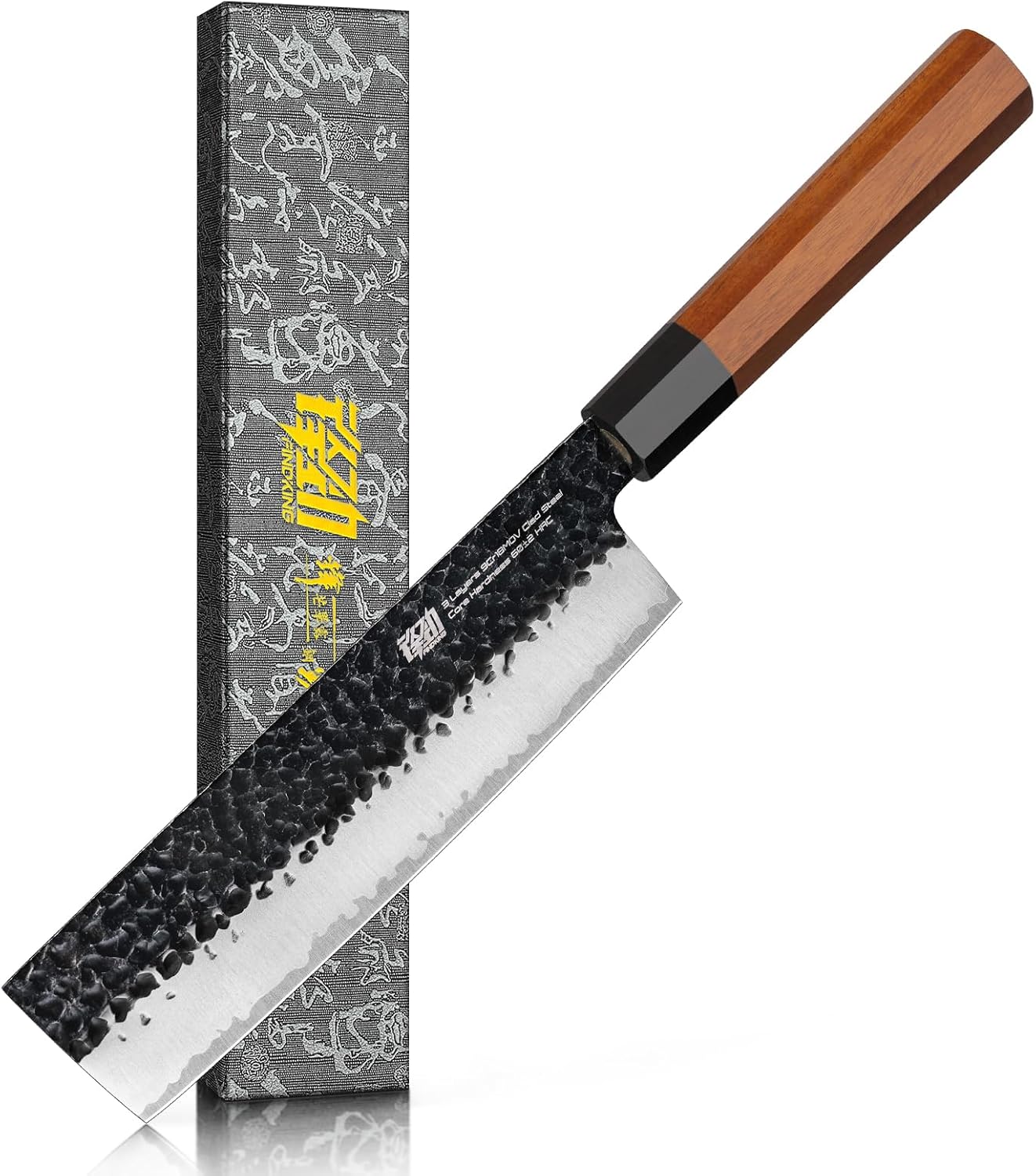 FINDKING Dynasty Series Japanese Nakiri Knife, Professional Vegetable Cleaver, 9Cr18MoV High Carbon Steel Blade, African Rosewood Octagonal Handle, for Shred, Slicing, Mincing, 7 Inches