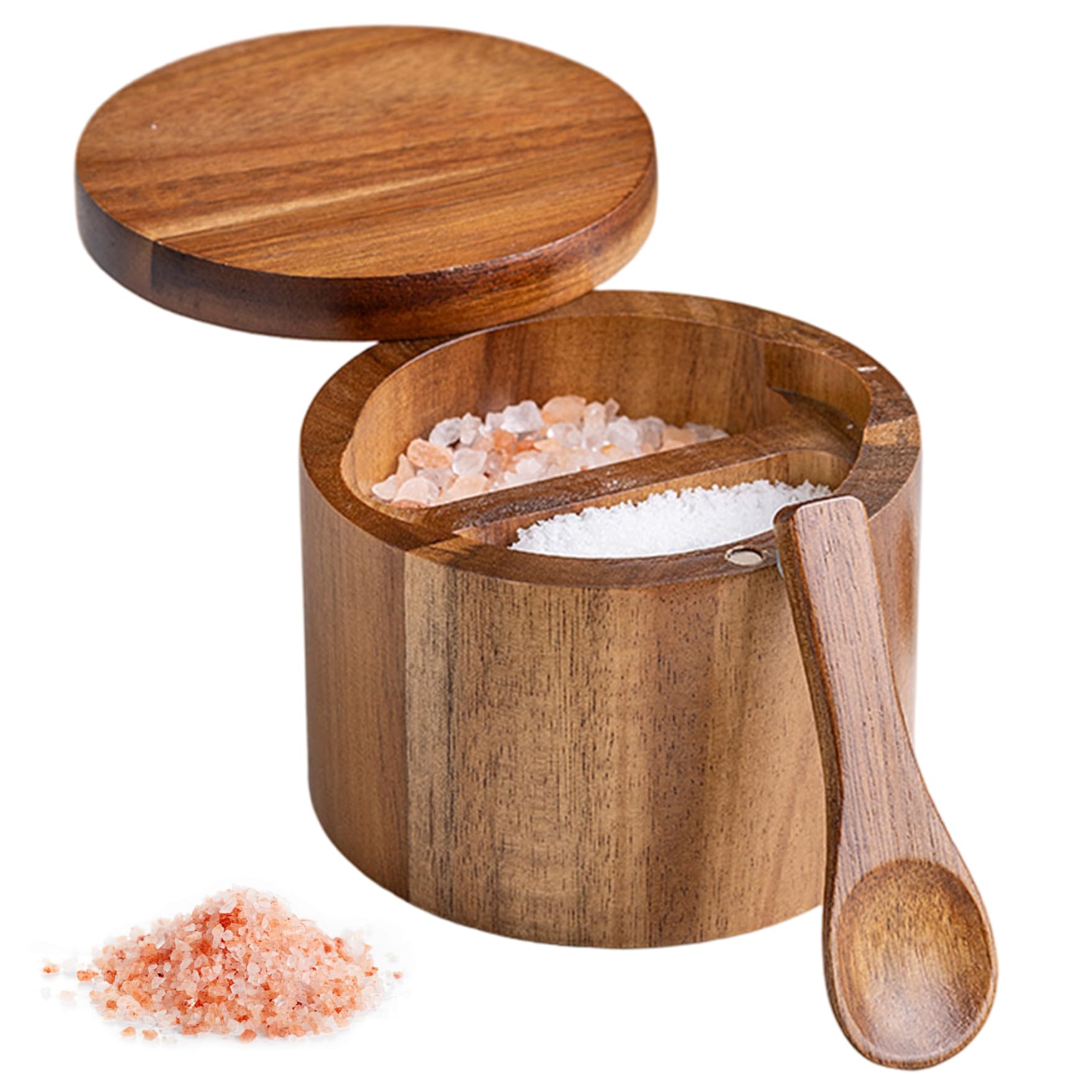 CAKEEYUM Salt Container with Spoon 2 Compartment 3.5x2.8 Wooden Salt Cellar with Magnetic Swivel Lid Smooth Spice Box for Kitchen Countertop Container, Cellar, Box, with Lid