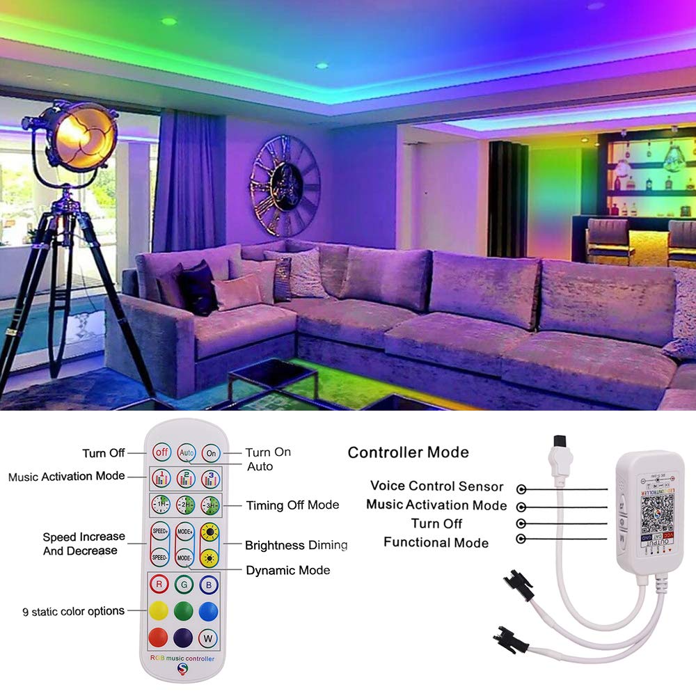 XUNATA Kit de Tira de LED RGB de Música y Bluetooth de 12 V- Dream Full Color WS2811 30LEDs/m Tira de Luz Autoadhesiva, Control Remoto, Fuente de alimentación (15m, Impermeable)