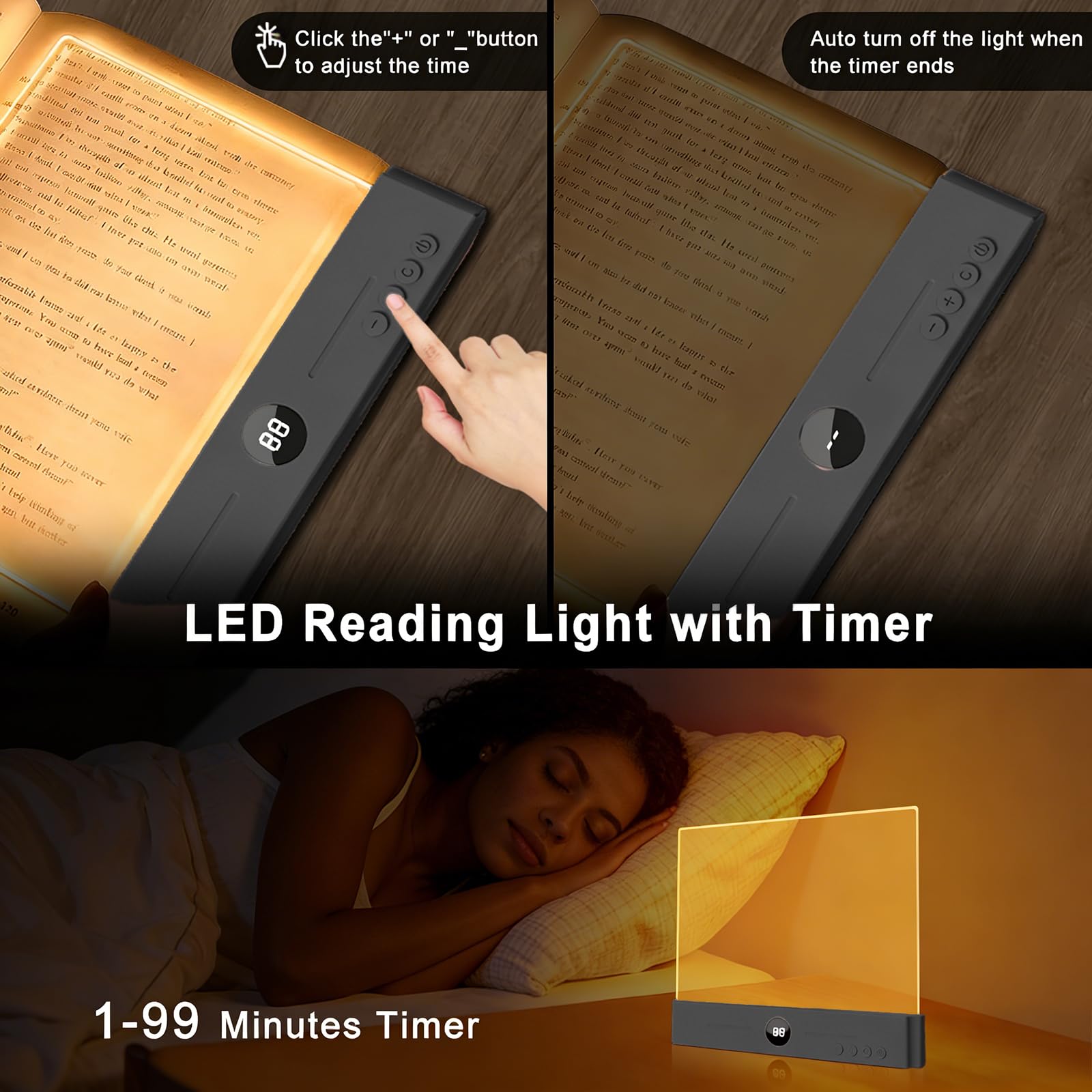 Transparente flache LED-Leselampe, wiederaufladbar, klar, Flachbild-Leselampe mit 3 Farbtemperaturen, dimmbar und Timer, volle Seitenbeleuchtung zum Lesen vor dem Schlafengehen, USB-C-Laden