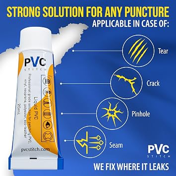 PVC Stitch Liquid Patch Air Mattress Patch Kit Heavy Duty, Inflatable Patch Glue for PVC & PU, Inflatable Boats, Rafts, Kayaks, SUP, Hot Tubs, Waterbeds, Bounce Houses. Waterproof, 3-hr Cure, 20 ml