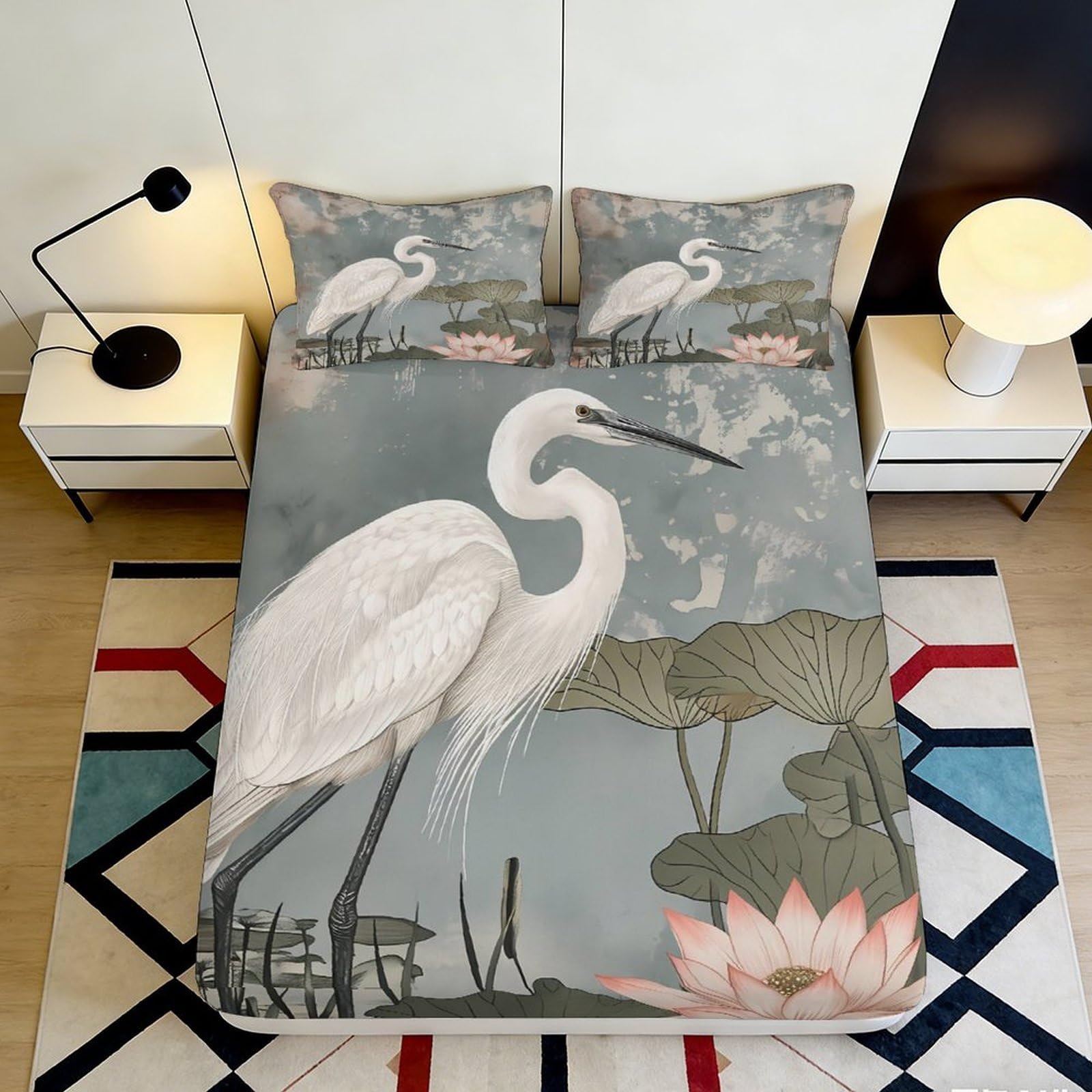 3D Printed Crane Lake Fitted Sheet Microfiber Soft Breathable Lotus Pond Bed Cover for Bedroom Guest Room Decor 90x200x25cm