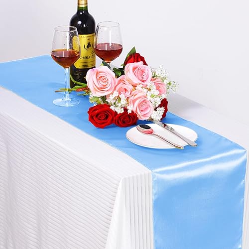 Miniatura 5 de Paquete de 12 caminos de mesa de satén de 12 x 108 pulgadas de largo para Navidad, fiestas de cumpleaños, banquetes, graduaciones, compromisos (azul