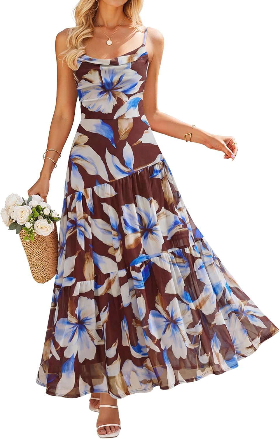 ZESICA Women's Summer Floral Sleeveless Maxi Dress 2026 Boho Mesh Spaghetti Strap Flowy Beach Wedding Guest Long Dresses