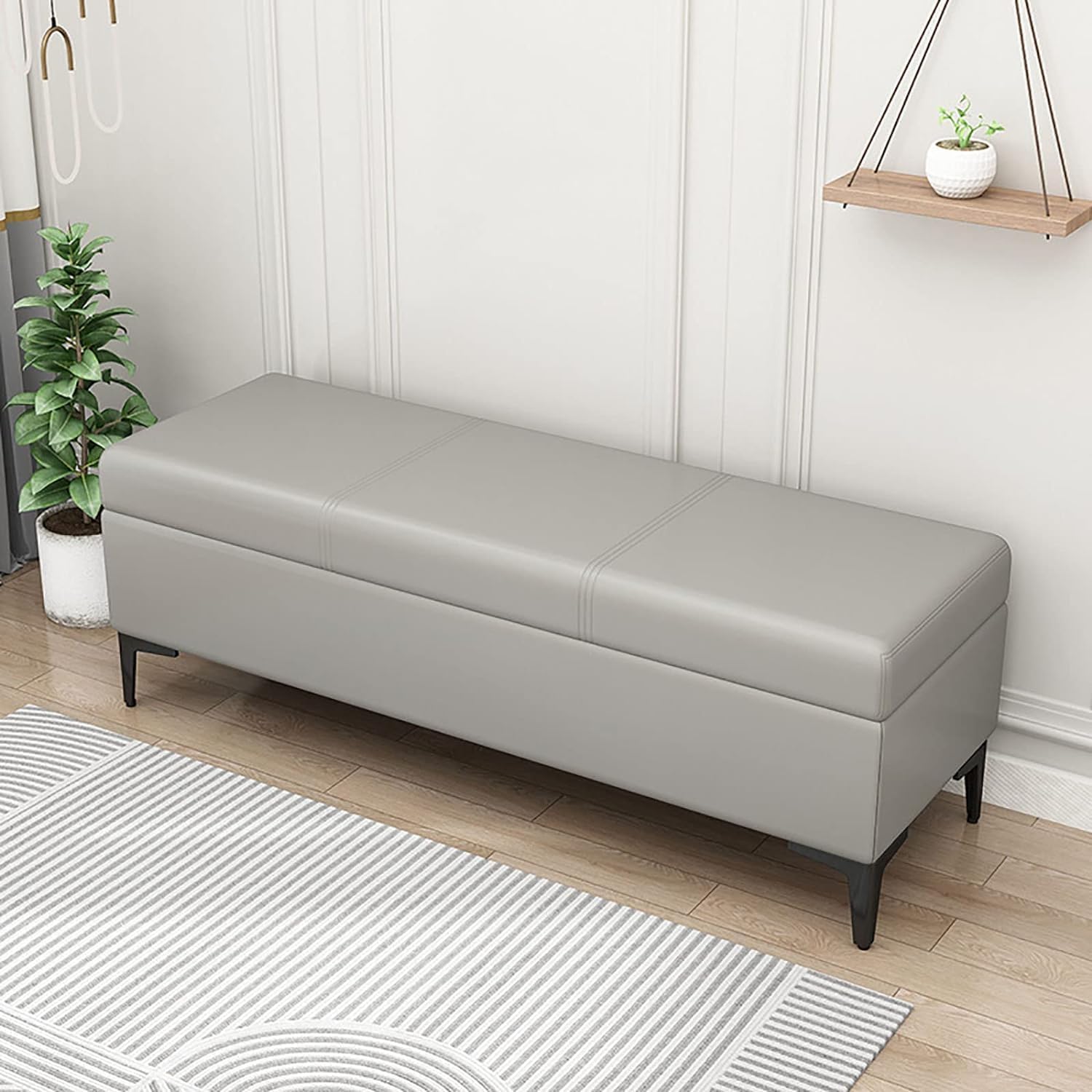 Wooden Kalakar Storage Ottoman Bench for Bedroom, PU Ottoman with Storage and Safety Hinge, Modern Entryway Bench Seat Shoe Rack Bench with Metal Legs 121.9D x 48.3W x 50.8H CM (Grey)-image-48