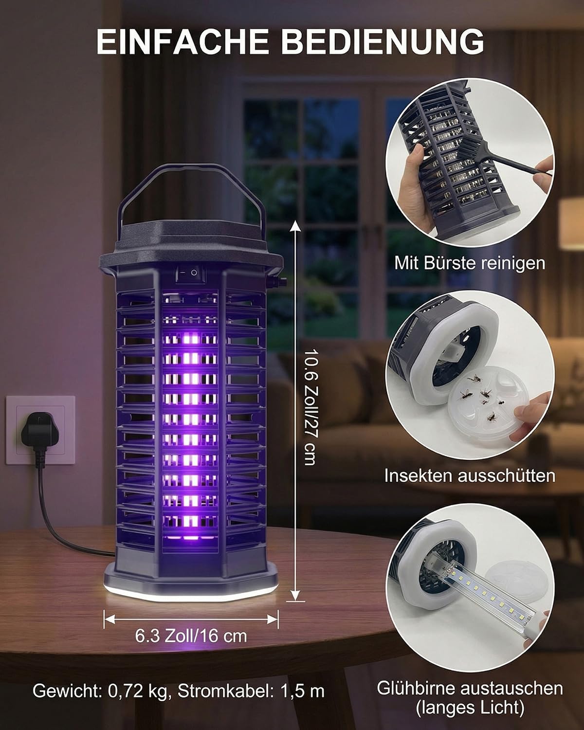 Elektrischer Insektenvernichter mit LED-Licht, 2-in-1 4200V 15W UV-Mückenlampe, Hochspannungs-Fliegenfalle, IPX4 wasserdichte, Mückenfalle für drinnen und draußen, gegen Mücken, Fliegen und Insekten