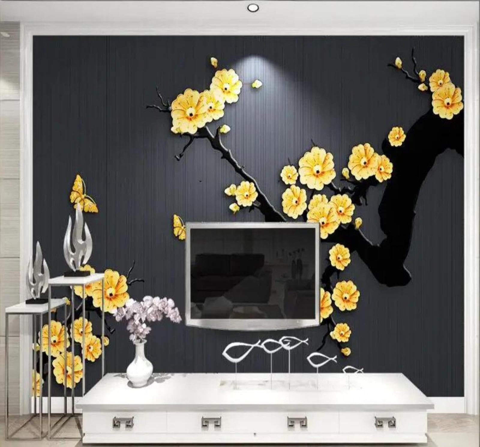 Wallpaper-3D-Xlm 350Cm×256Cm(B×H) Minimalist Relief Yellow Flowers Butterflies 3D Wallpaper Easy Install Feature Office Living Room Sofa Bedroom Tv Background Wall Decoration-350Cm×256Cm