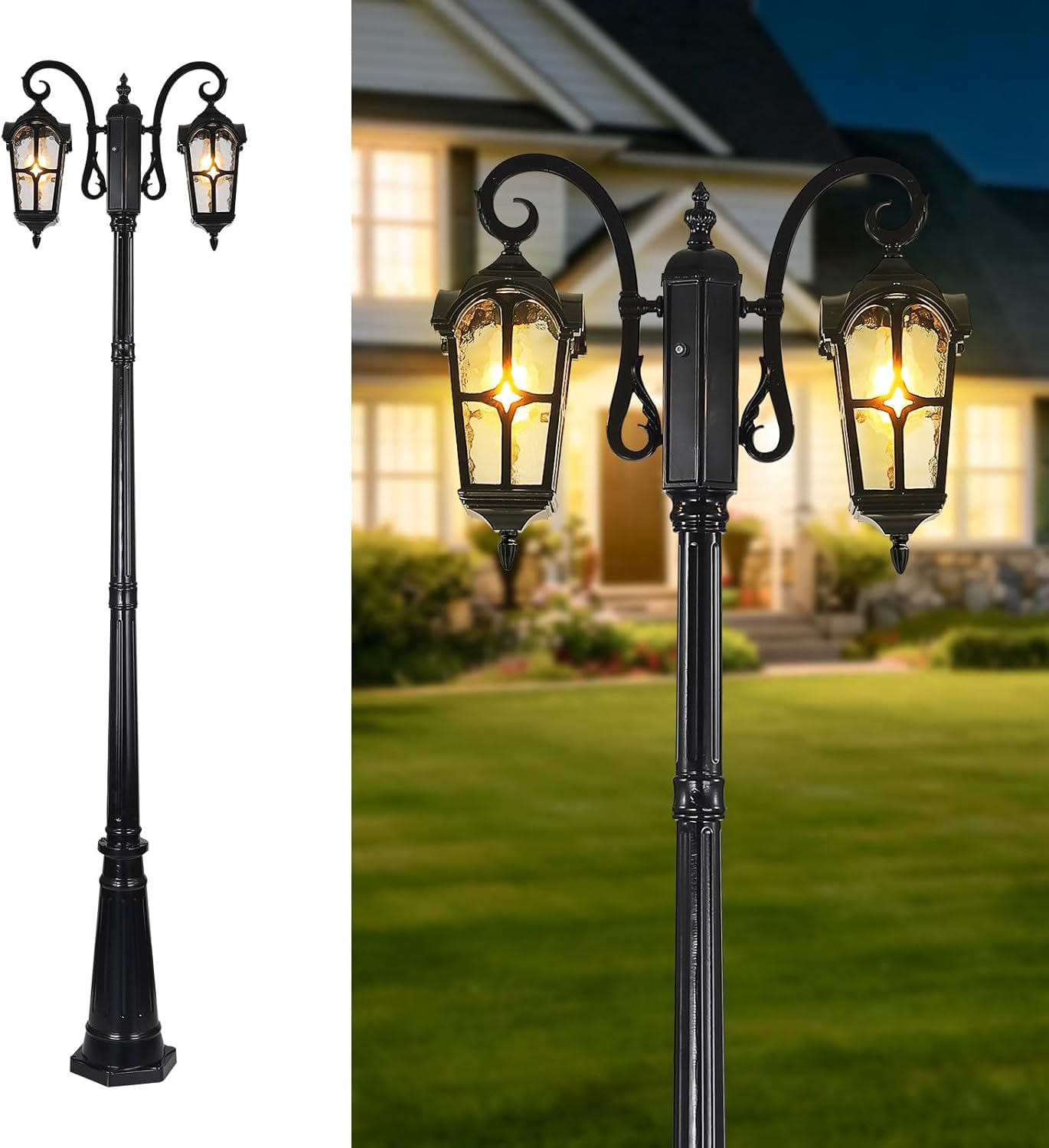 MADISH 2-Head Outdoor Street Light with Dusk to Dawn Sensor, Aluminum Exterior Pole Light Glass Shade, Classic Waterproof Black Hardwired Lamp Post Lights for Backyard, Garden, Driveway