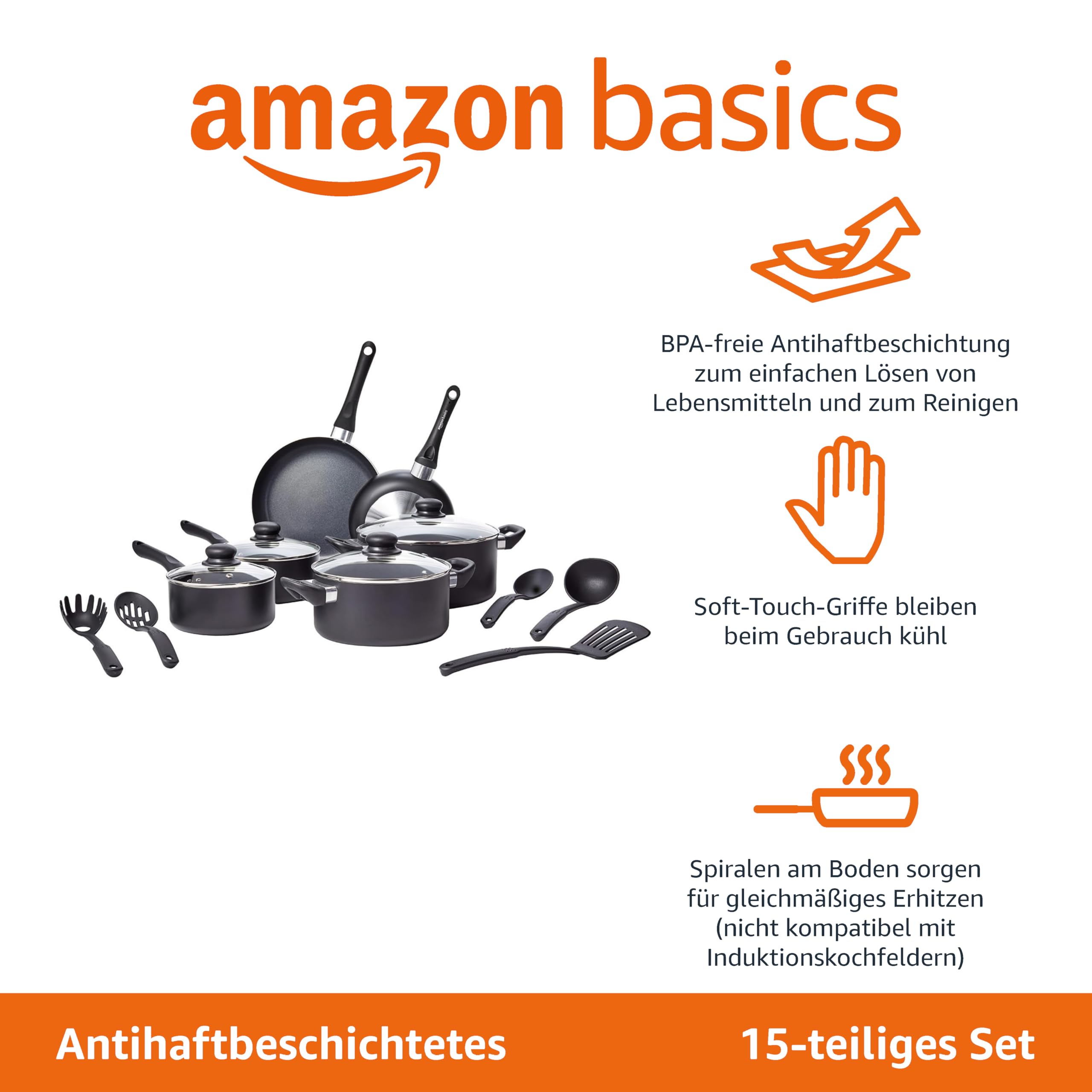 Amazon Basics 15-teiliges Kochgeschirr mit Antihaftbeschichtung – Bild 2