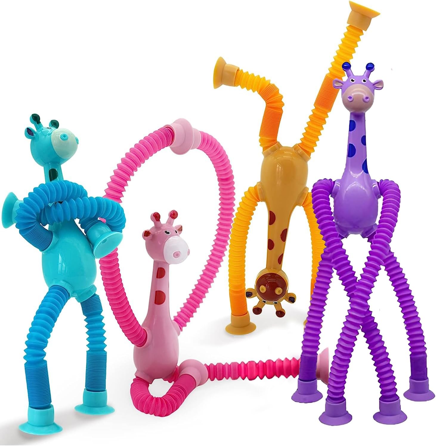 4 Pieces Telescopic Suction Cup Giraffe Toy, Shape Changing Telescopic Tube Fidget Toys, Pop Tubes, Fidget Tubes Sensory Toys for Girls Boys, giraffe color