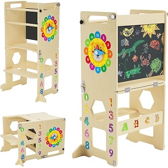 Childrens Learning Tower Kids Step Stool Kitchen Helper for ToddlersFoldable Kids Stool 2 in 1 Helper Standing Tower with Message Boards RDTGHF