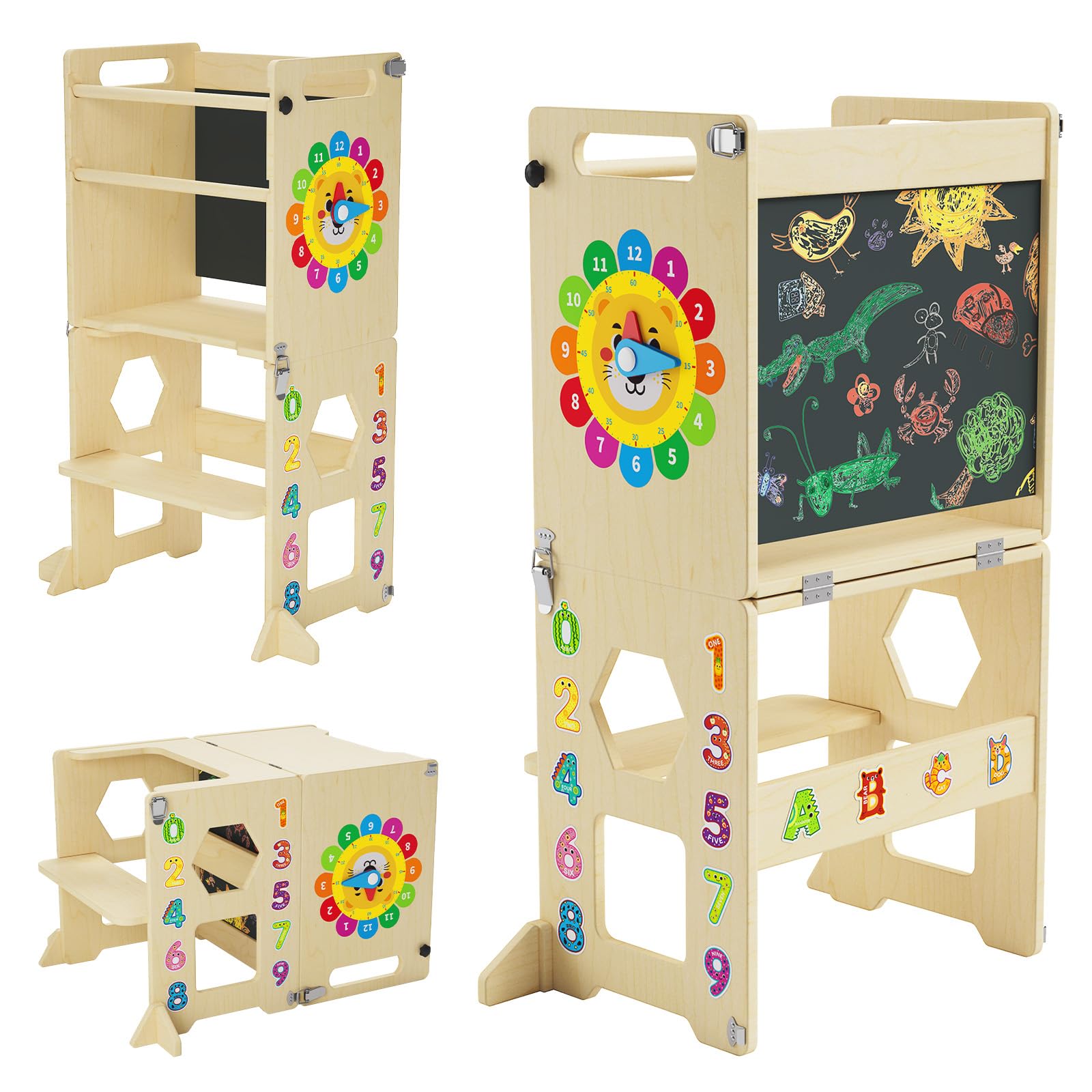 Lernturm ab 1 Jahr | 4-in-1 Lernturm Klappbar für Kinder |Learning Tower mit Tafel und Lernuhr aus Holz | Küchenhocker für Kleinkinder | Aus Nachhaltigem Holz | Stabiler Montessori
