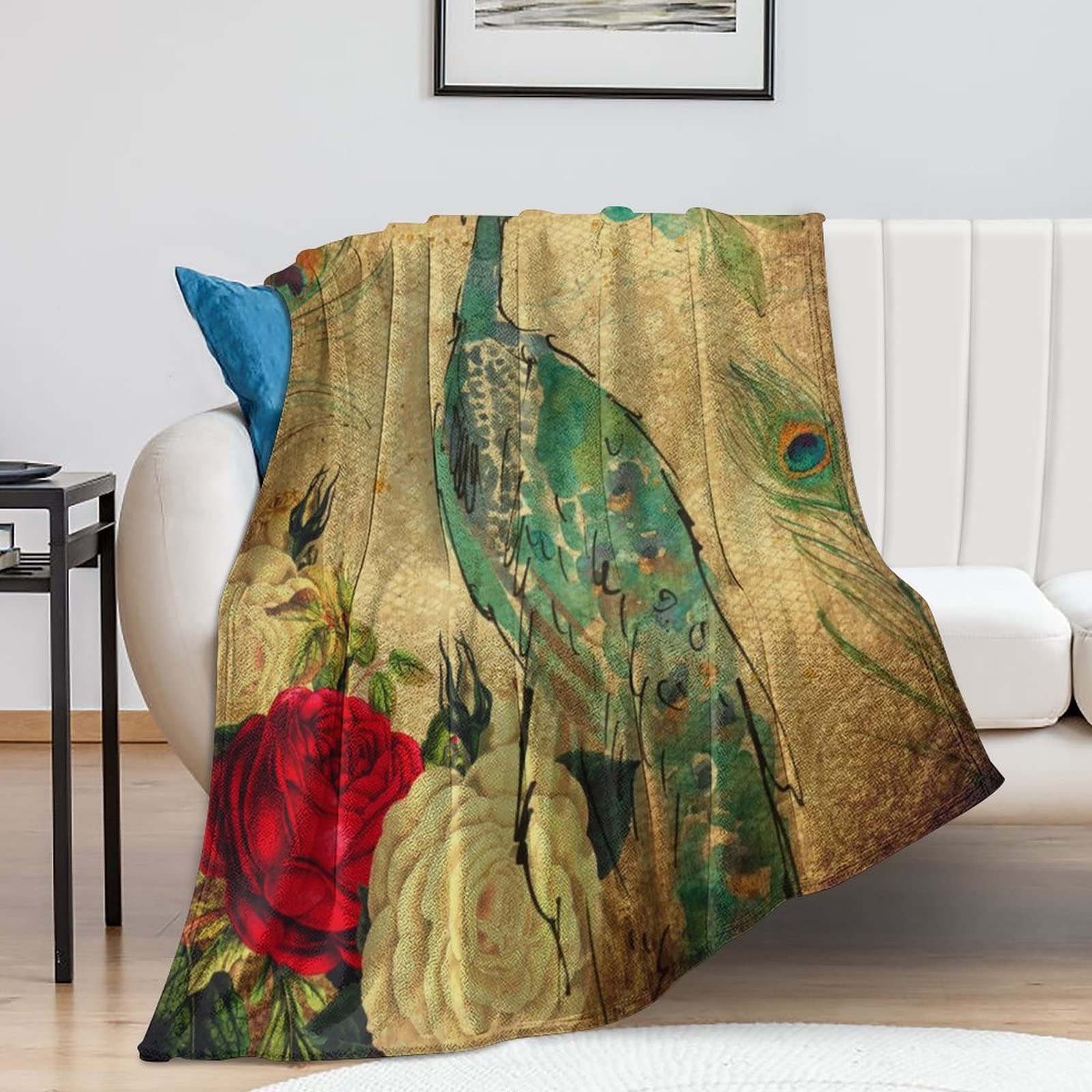 Couverture flanelle douce imprimé paon floral, cadeau parfait filles et adultes