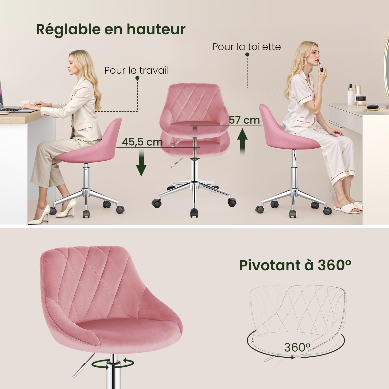 Chaise Coiffeuse à Roulettes avec Dossier Réglable en Hauteur, Tabouret Pivotant en Velours Rose pour Bureau