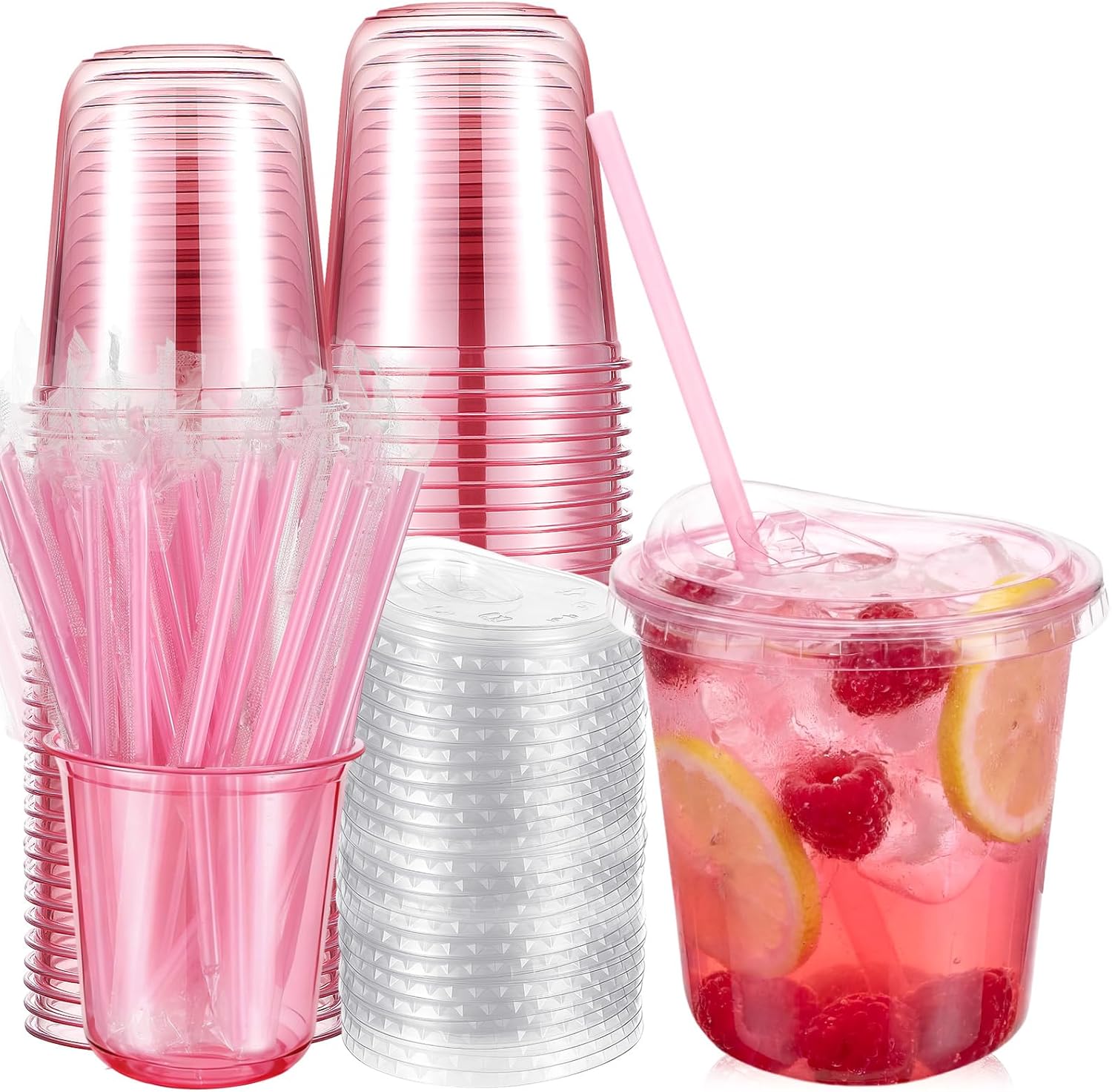 Ziliny 50 Pack 12oz Pink Clear Plastic Cups with Lids and Straws, PET Disposable Drinking Cups, Disposable Iced Coffee Cup for Smoothies, Cold Drinks, Parties, Wedding, Meeting, Drink Shops