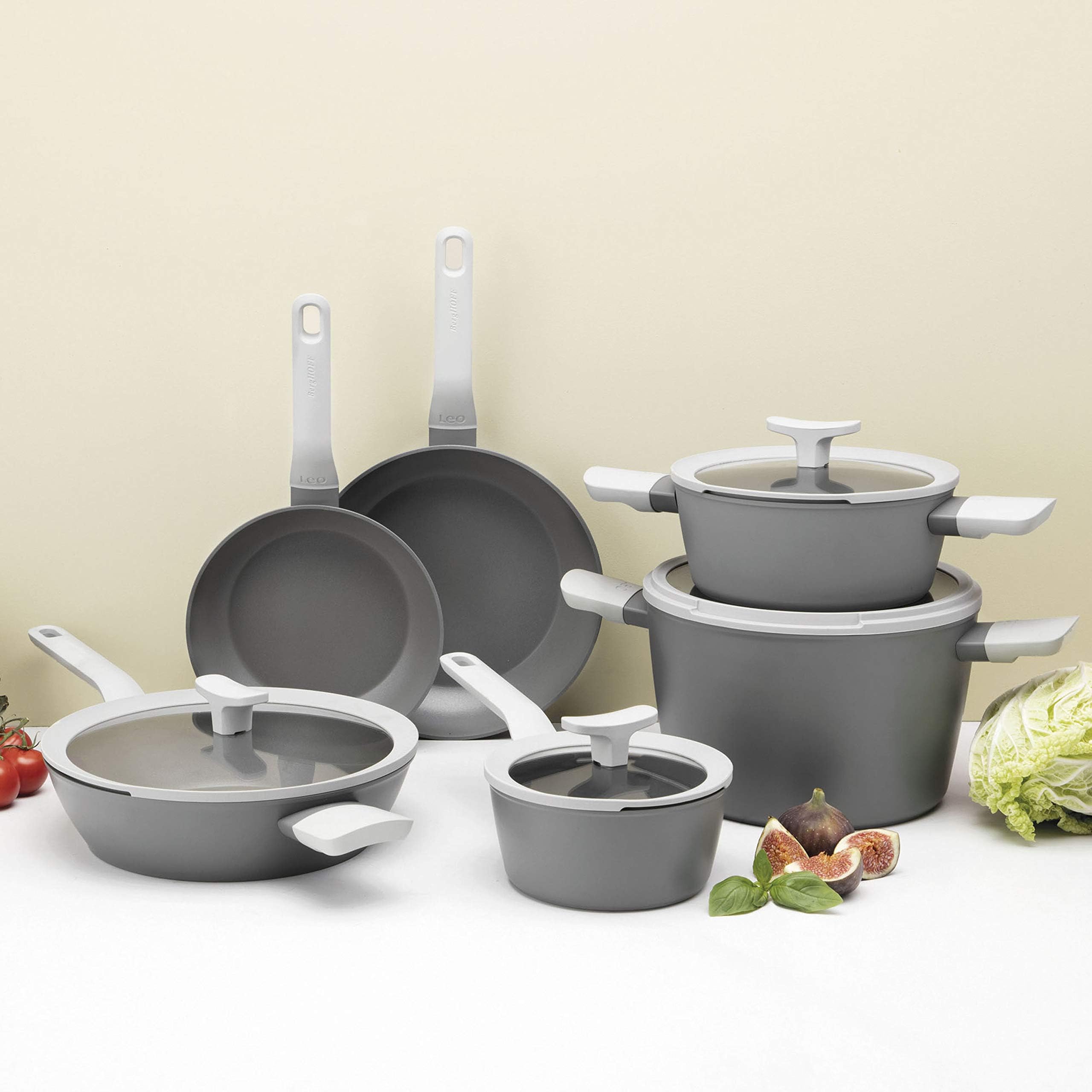 Leo 10Pc Ceramic Cookware Set, Induction Pots & Pans, Grey