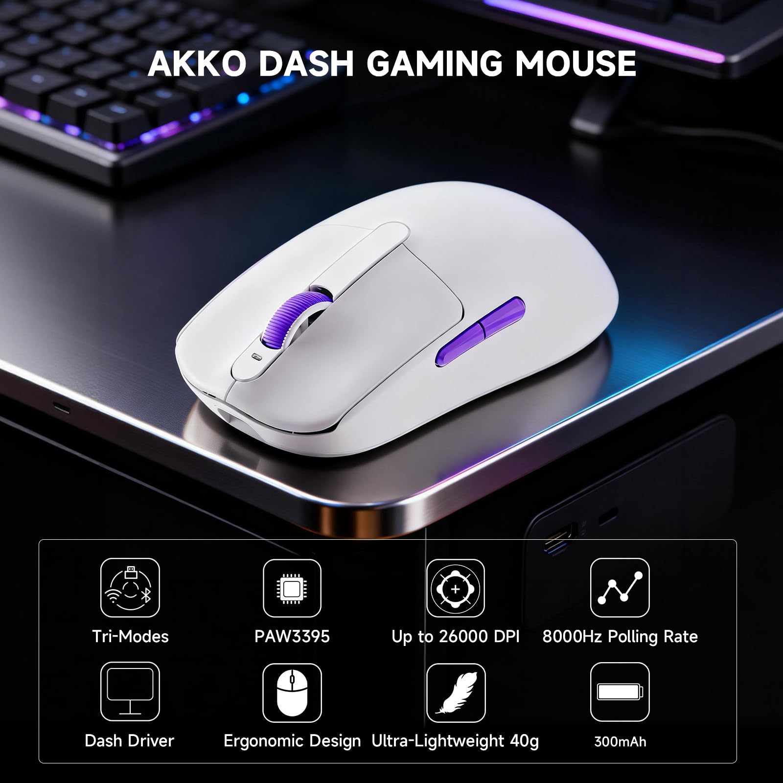 AKKO Dash Max Souris Gaming sans Fil 41g PAW3395 8K Ultra Légère | Souris Gaming Blanche, Taux 8K Rapide, Bluetooth/2.4GHz Sans Fil ou Filaire, DPI Jusqu'à 26000 pour FPS PC Mac